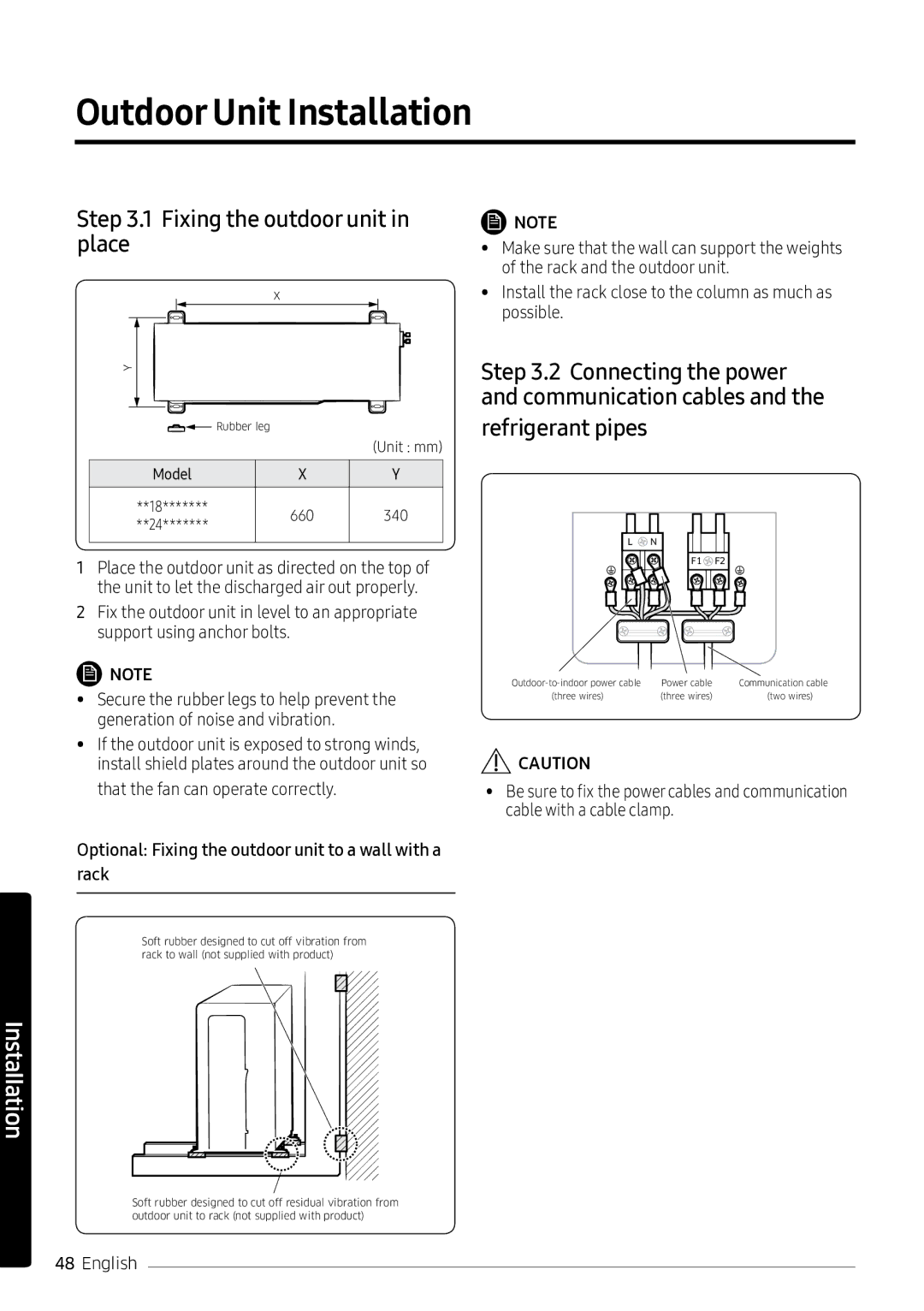 Samsung AR18NVPXCWK/MG manual Outdoor Unit Installation, Fixing the outdoor unit in place, Refrigerant pipes 