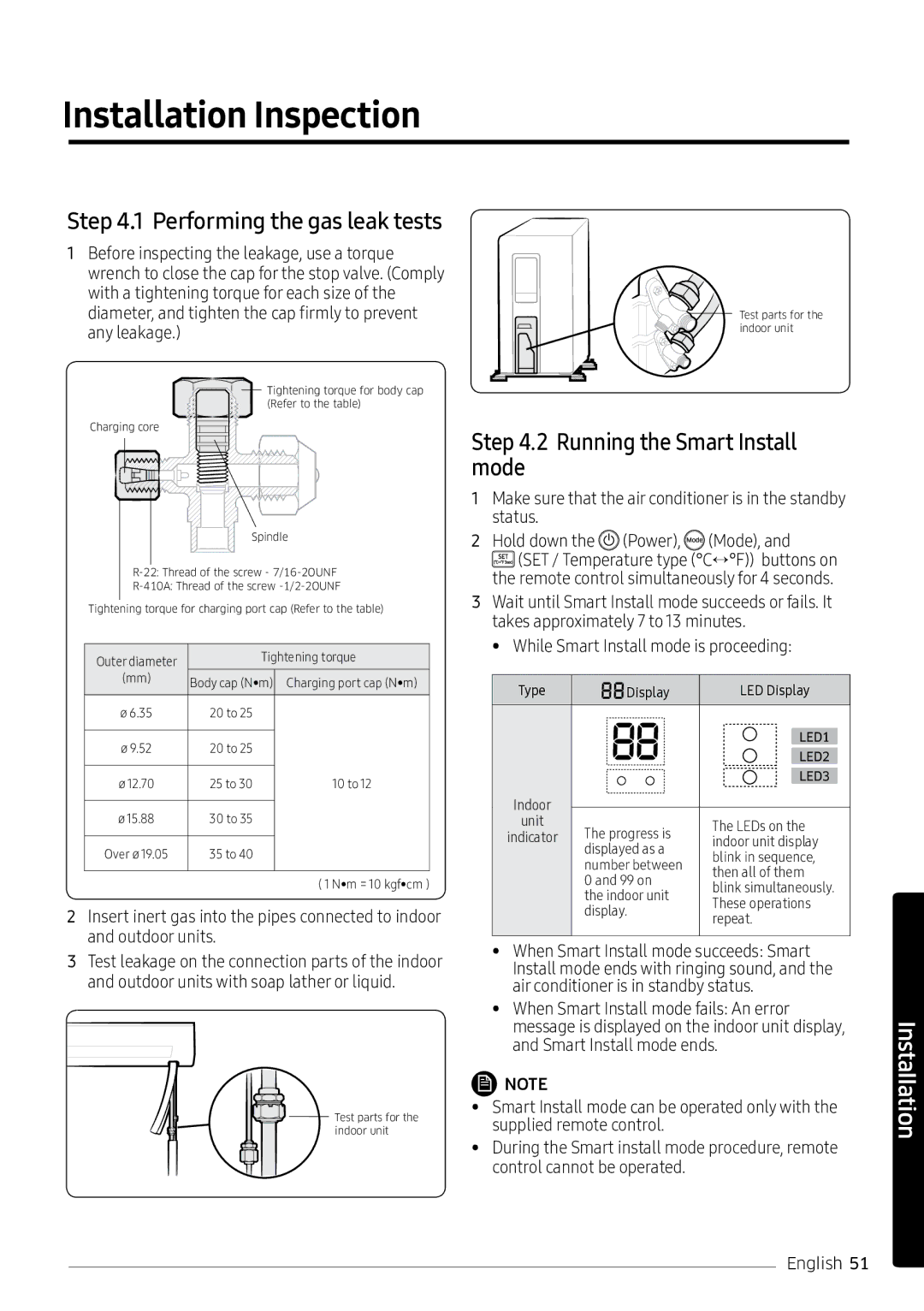 Samsung AR18NVPXCWK/MG manual Installation Inspection, Running the Smart Install mode, Performing the gas leak tests 