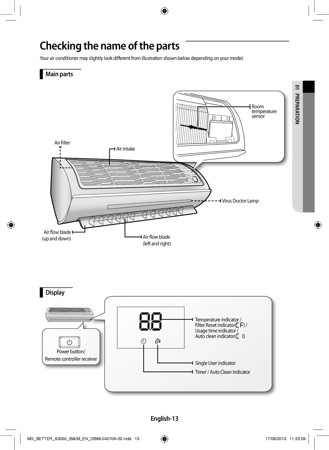 Samsung AR24HPSDBWKNMG, AR24HCSDBWKNMG, AR18HCSDBWKNMG manual Checking the name of the parts, Main parts, Display, English-13 