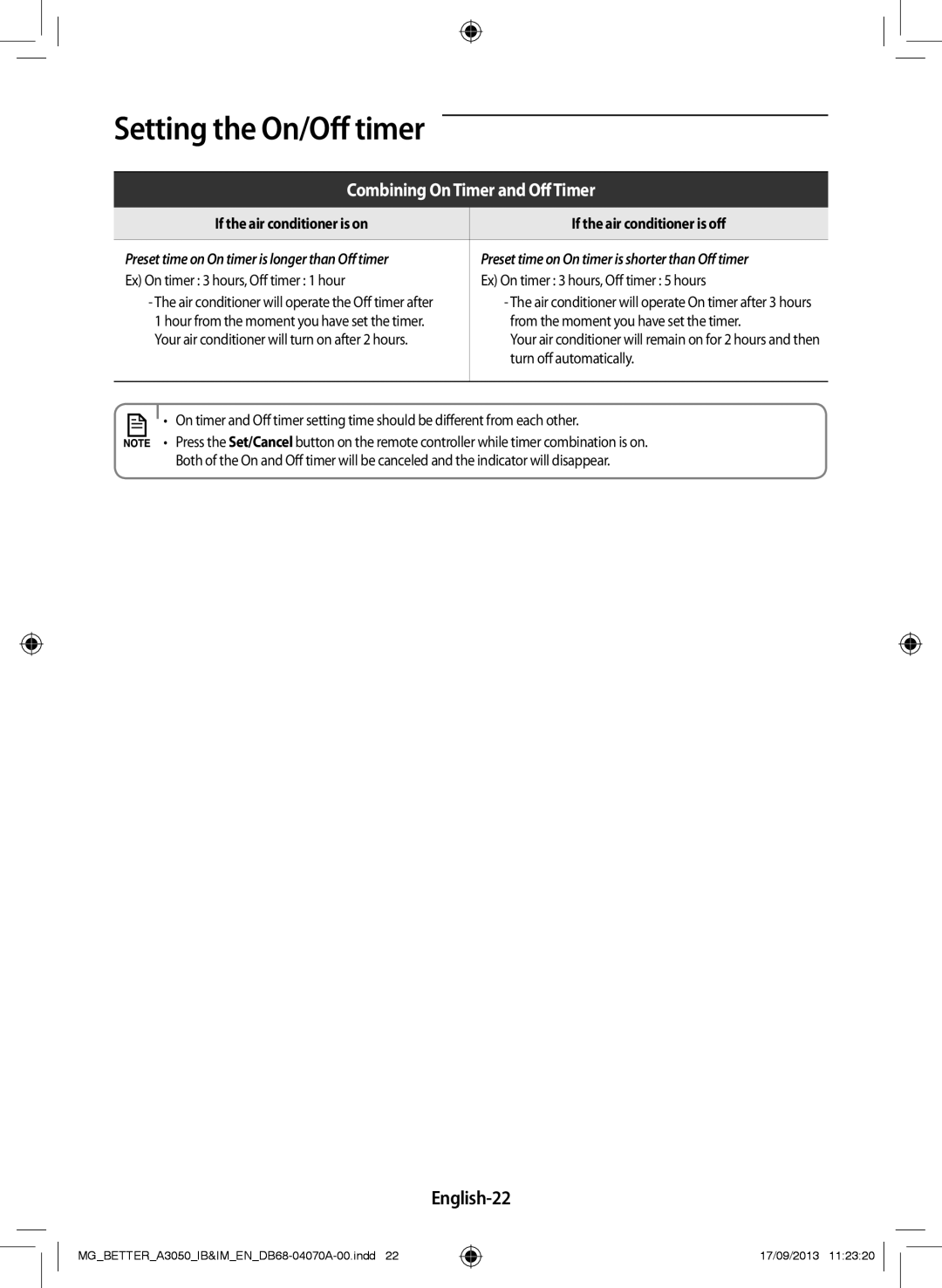 Samsung AR24HPSDBWKXMG English-22, If the air conditioner is on If the air conditioner is off, Turn off automatically 