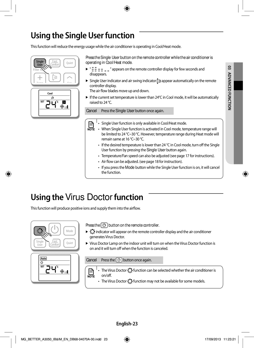 Samsung AR18HPSDBWKXMG, AR24HCSDBWKNMG manual Using the Single User function, Using the Virus Doctor function, English-23 