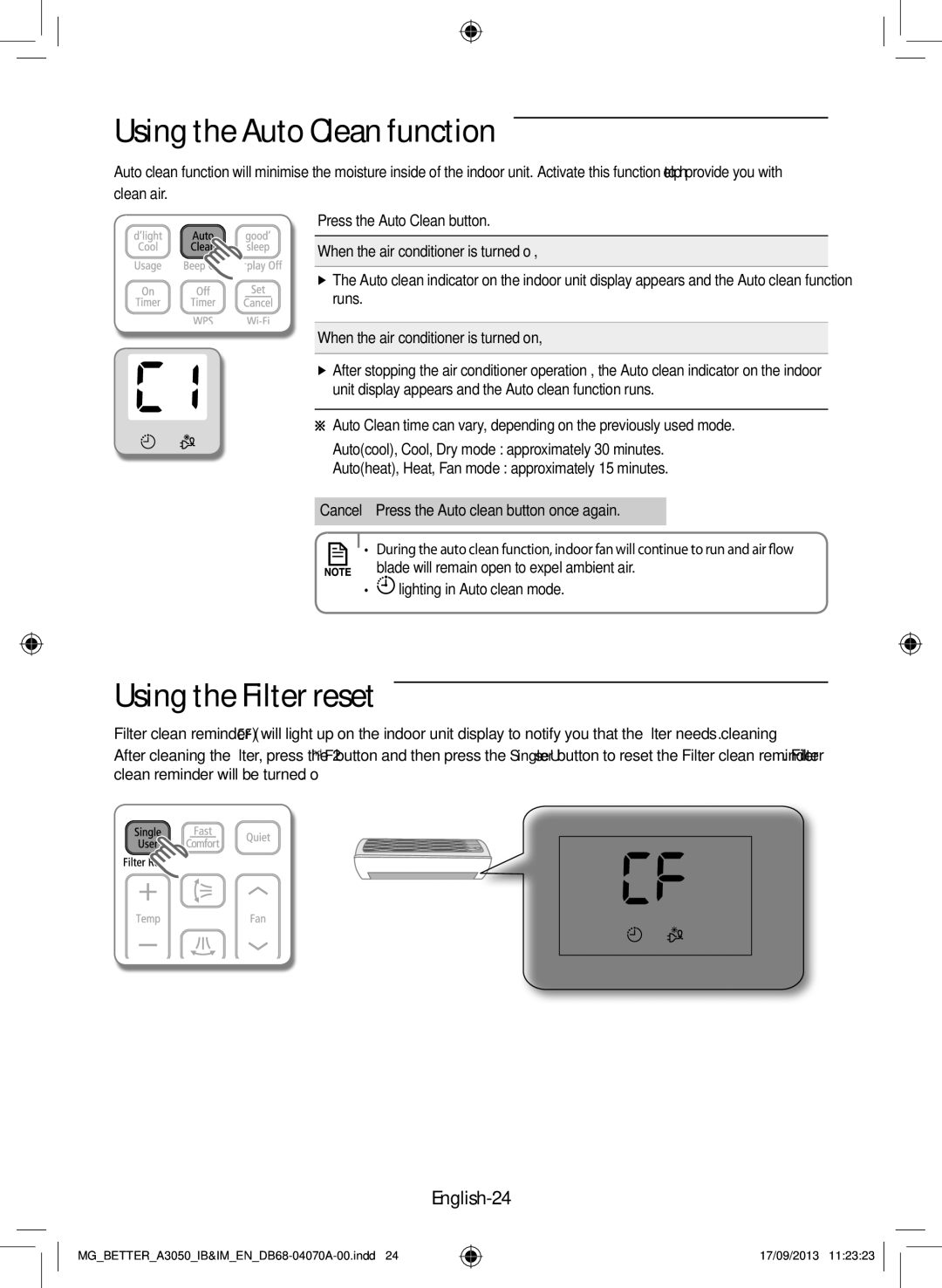 Samsung AR24HCSDBWKNMG, AR18HCSDBWKNMG manual Using the Auto Clean function, Using the Filter reset, English-24, Runs 