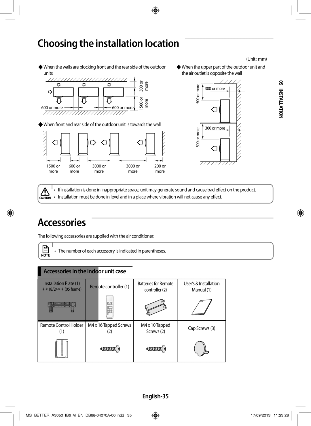 Samsung AR18HCSDBWKXMG, AR24HCSDBWKNMG, AR18HCSDBWKNMG manual Accessories in the indoor unit case, English-35, Llan 