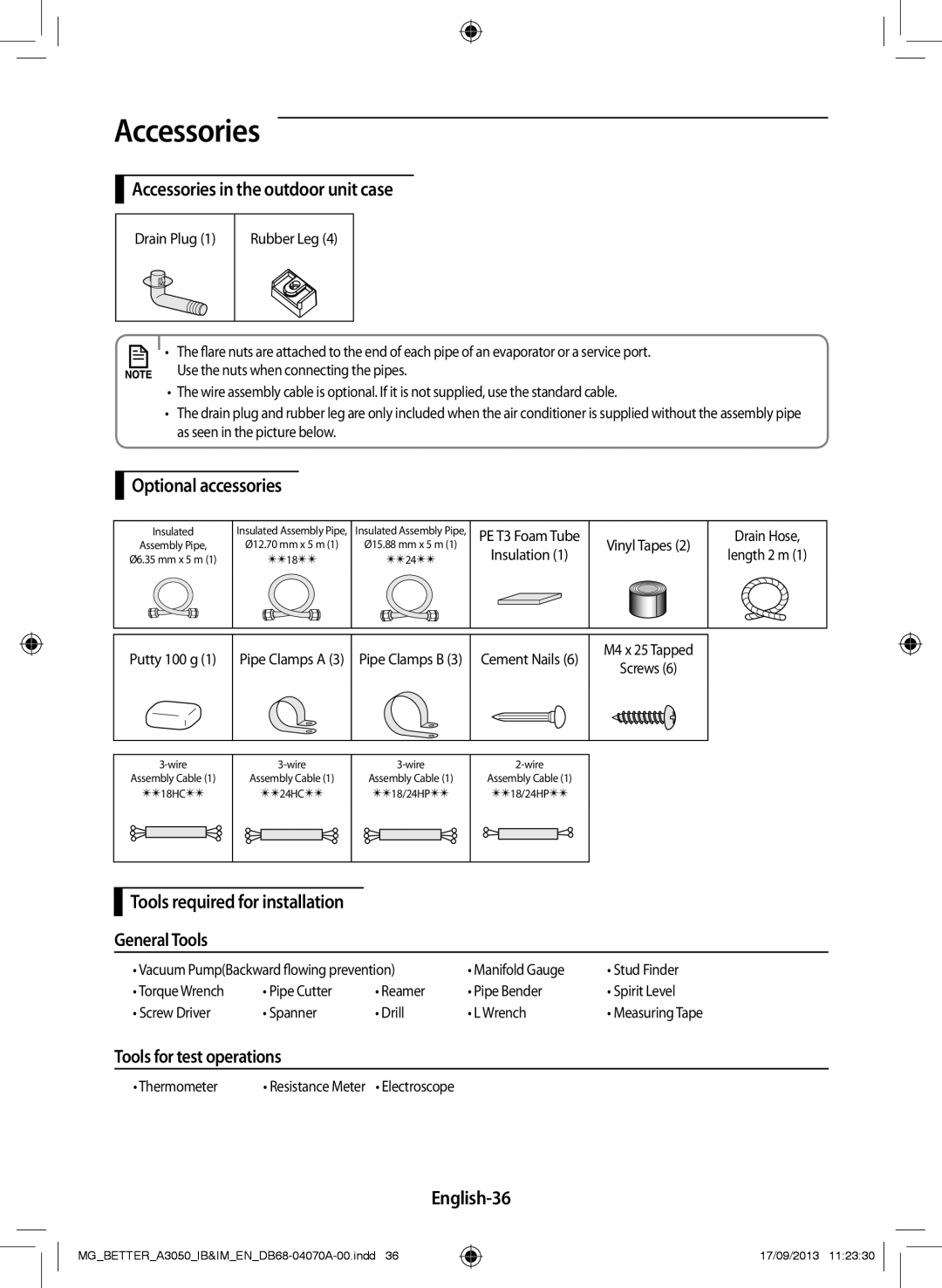 Samsung AR24HCSDBWKXMG Accessories in the outdoor unit case, Optional accessories, Tools for test operations, English-36 