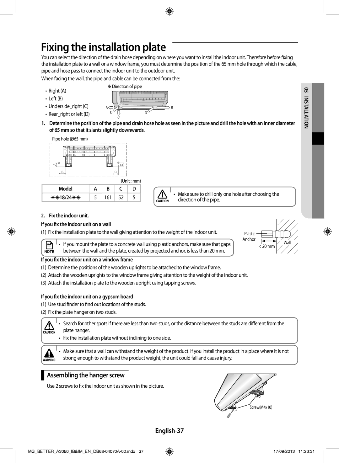 Samsung AR24HPSDBWKNMG, AR24HCSDBWKNMG manual Fixing the installation plate, Assembling the hanger screw, English-37 