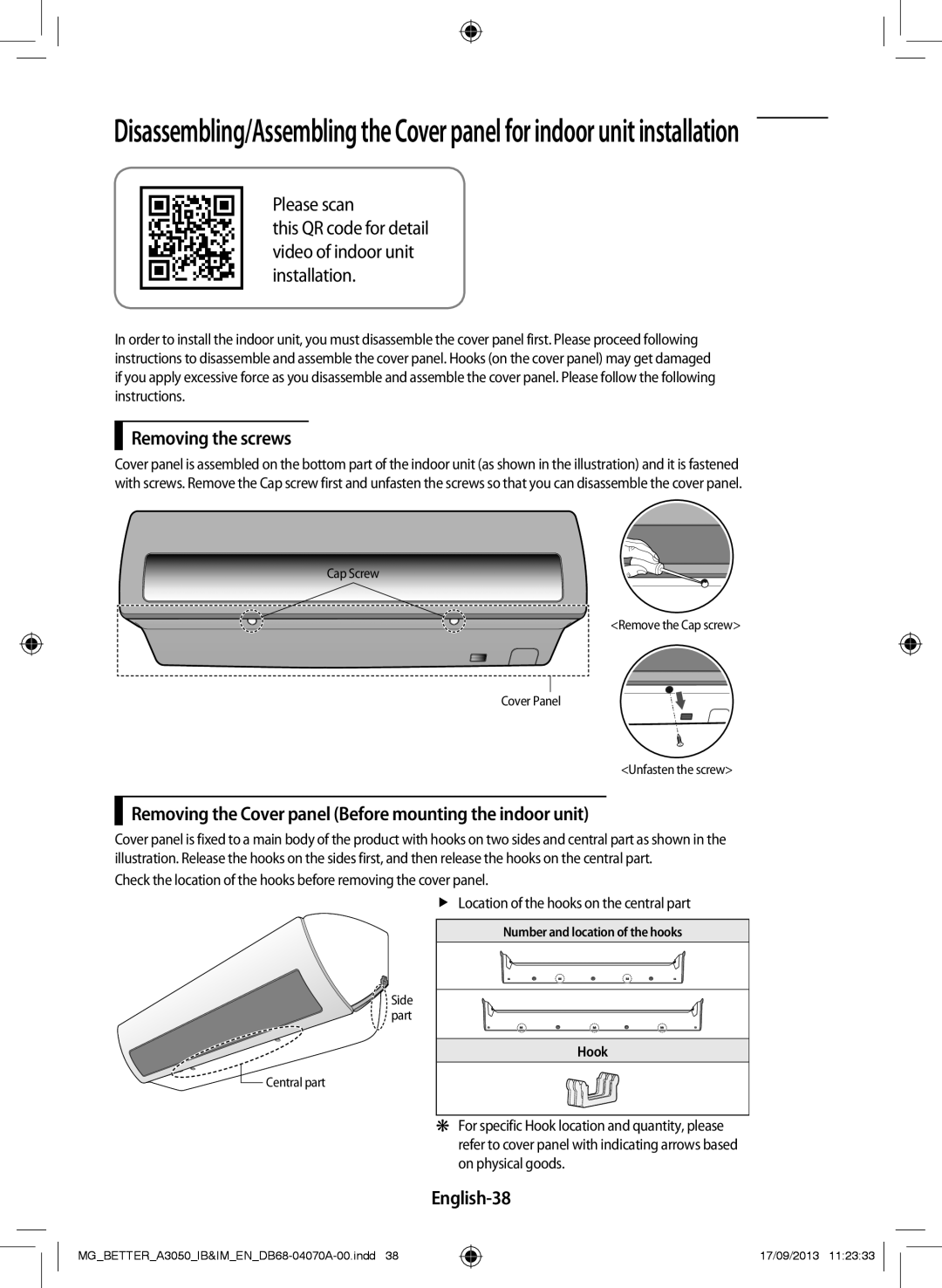 Samsung AR24HPSDBWKXMG manual Removing the screws, Removing the Cover panel Before mounting the indoor unit, English-38 