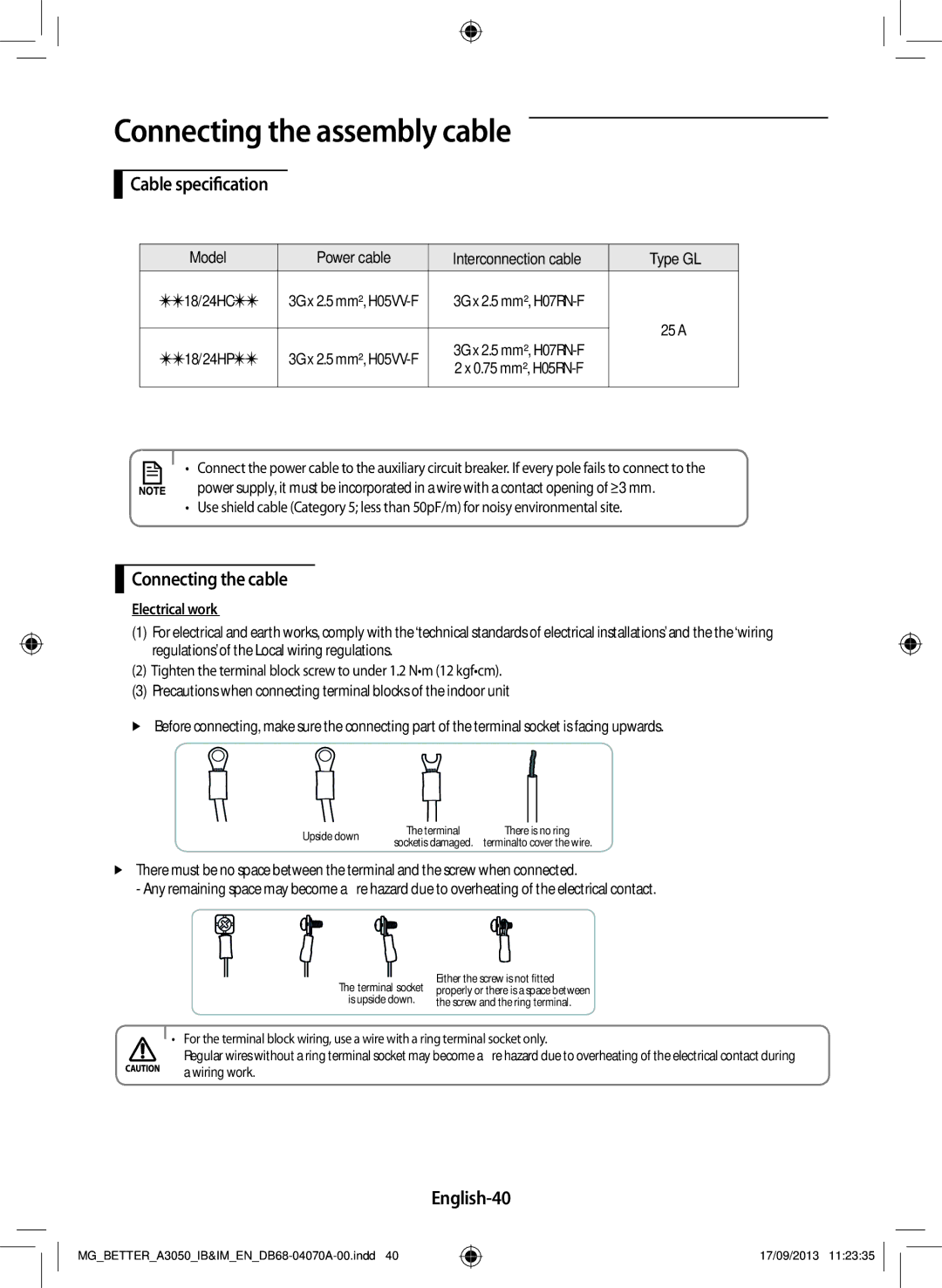 Samsung AR24HCSDBWKNMG manual Connecting the assembly cable, Cable specification, Connecting the cable, English-40 