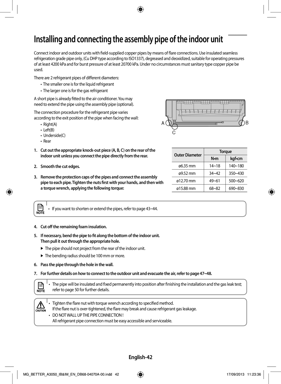 Samsung AR18HPSDBWKNMG, AR24HCSDBWKNMG English-42, Smooth the cut edges, Cut off the remaining foam insulation, Torque 