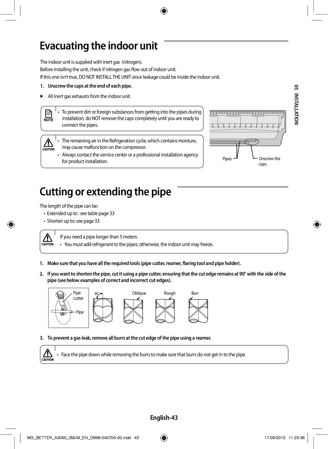 Samsung AR18HCSDBWKXMG, AR24HCSDBWKNMG manual Evacuating the indoor unit, Cutting or extending the pipe, English-43 