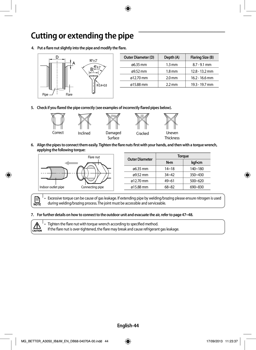 Samsung AR24HCSDBWKXMG, AR24HCSDBWKNMG English-44, Put a flare nut slightly into the pipe and modify the flare, Depth a 