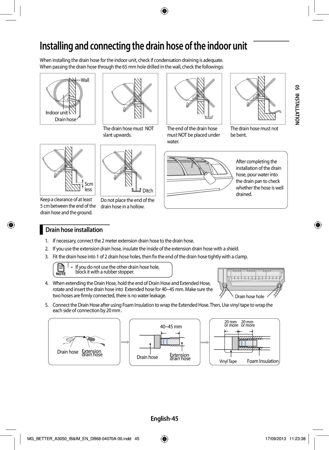 Samsung AR24HPSDBWKNMG, AR24HCSDBWKNMG, AR18HCSDBWKNMG, AR18HPSDBWKNMG, AR18HCSDBWKXMG Drain hose installation, English-45 