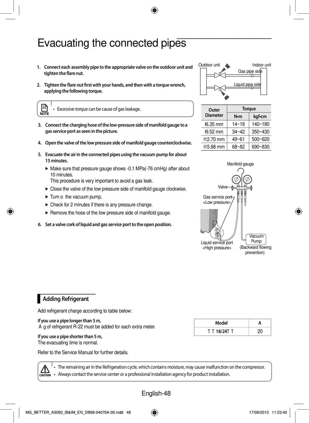 Samsung AR24HCSDBWKNMG, AR18HCSDBWKNMG Adding Refrigerant, English-48, Outer Torque, If you use a pipe longer than 5 m 