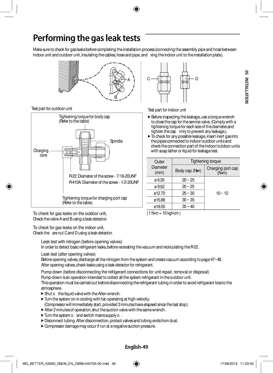 Samsung AR18HCSDBWKNMG, AR24HCSDBWKNMG, AR18HPSDBWKNMG, AR18HCSDBWKXMG manual Performing the gas leak tests, English-49 