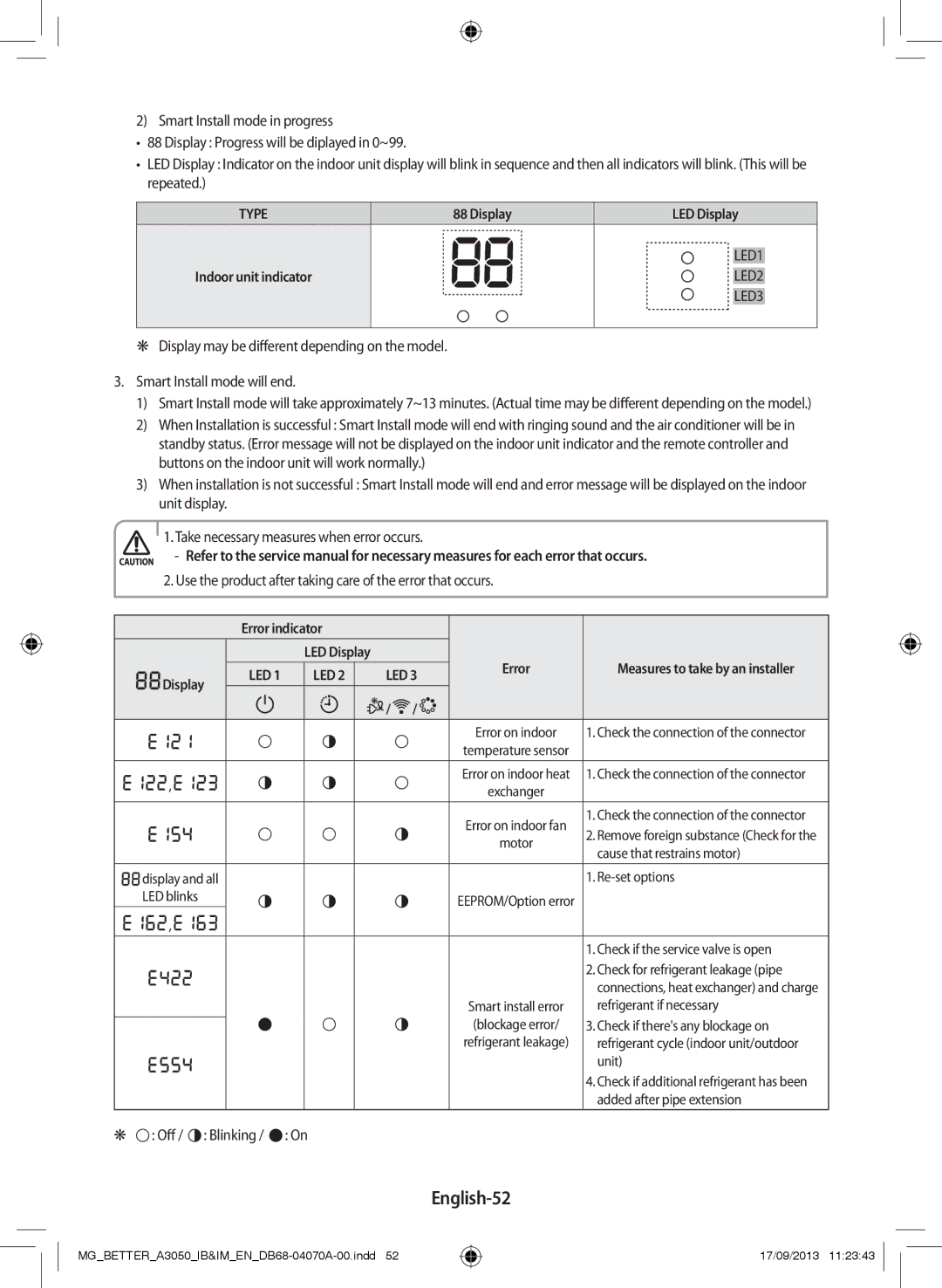 Samsung AR24HCSDBWKXMG, AR24HCSDBWKNMG, AR18HCSDBWKNMG, AR18HPSDBWKNMG, AR18HCSDBWKXMG manual English-52, Off Blinking 