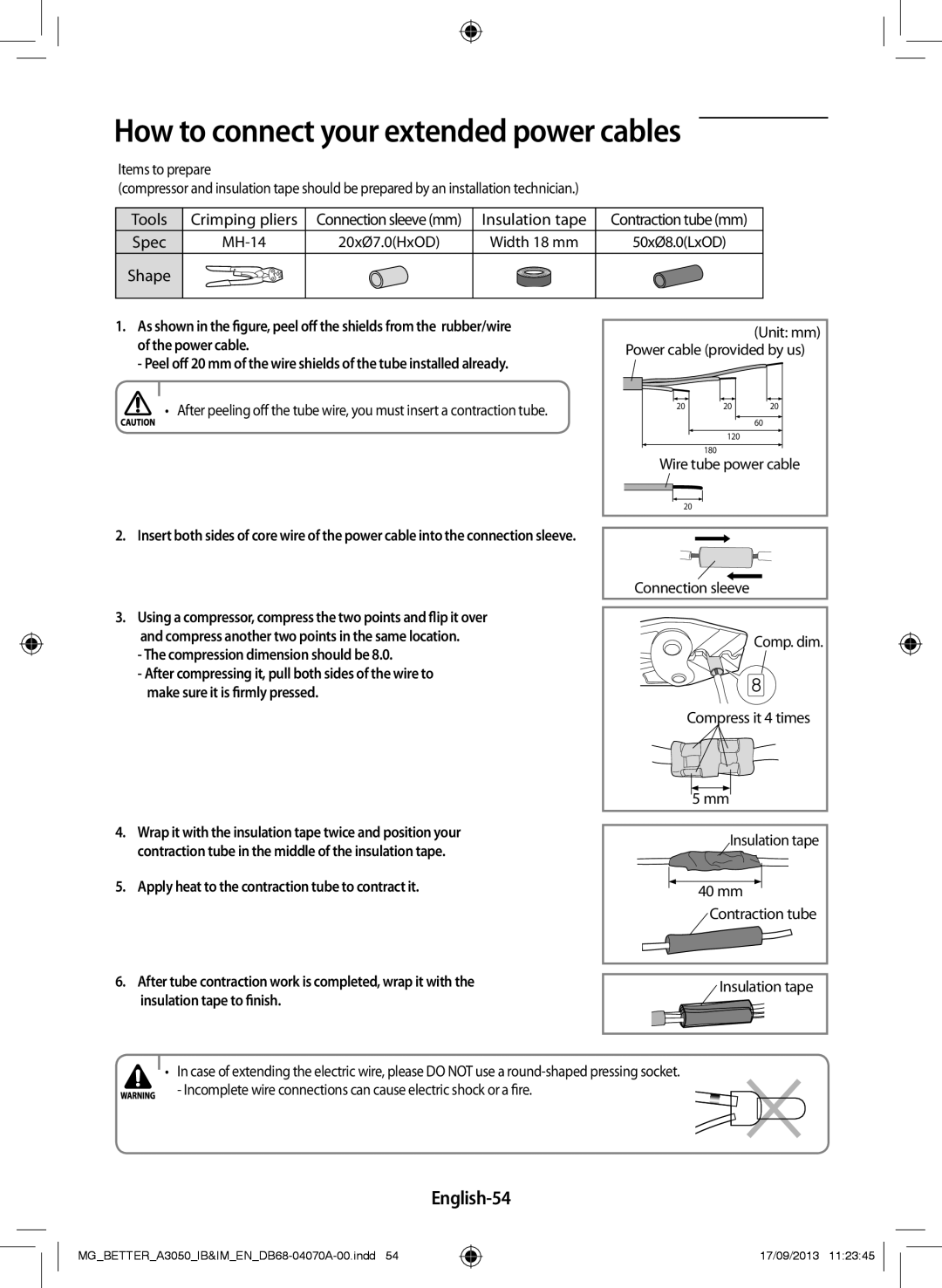 Samsung AR24HPSDBWKXMG, AR24HCSDBWKNMG How to connect your extended power cables, English-54, Insulation tape to finish 