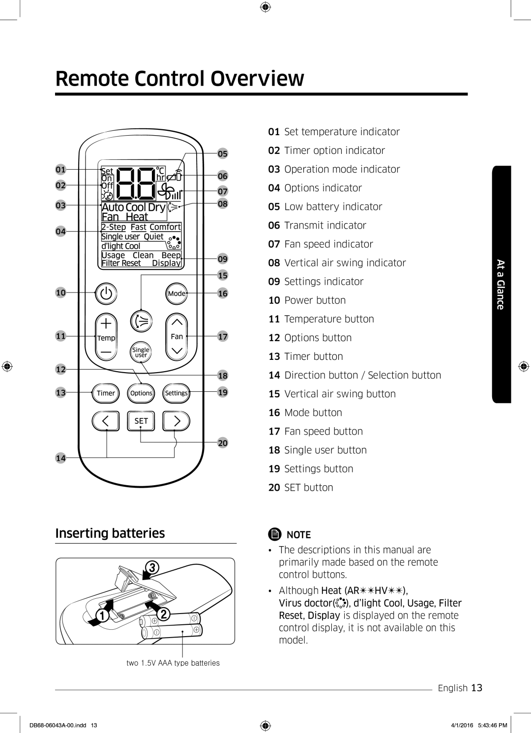 Samsung AR24HSFSEWKNMG manual Remote Control Overview, Inserting batteries 