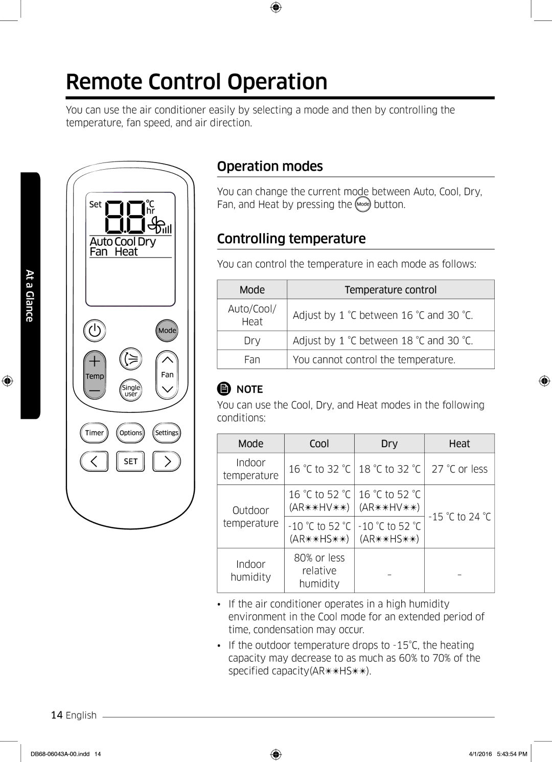 Samsung AR24HSFSEWKNMG manual Remote Control Operation, Operation modes, Controlling temperature, To 24 C, To 52 C 