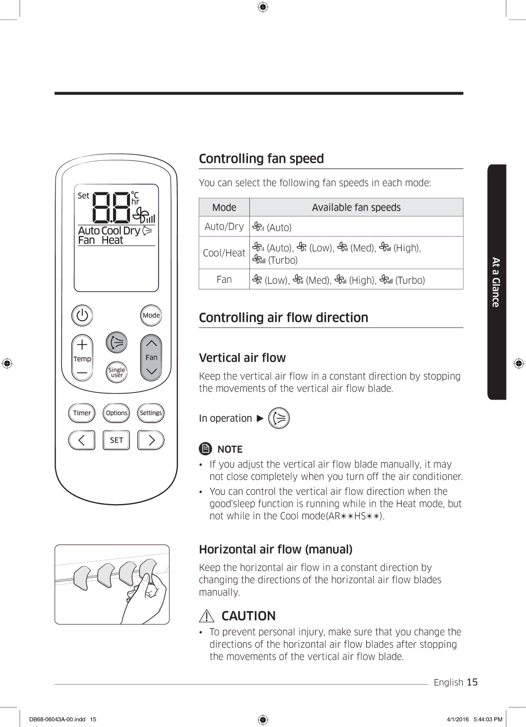 Samsung AR24HSFSEWKNMG manual Controlling fan speed, Controlling air flow direction 