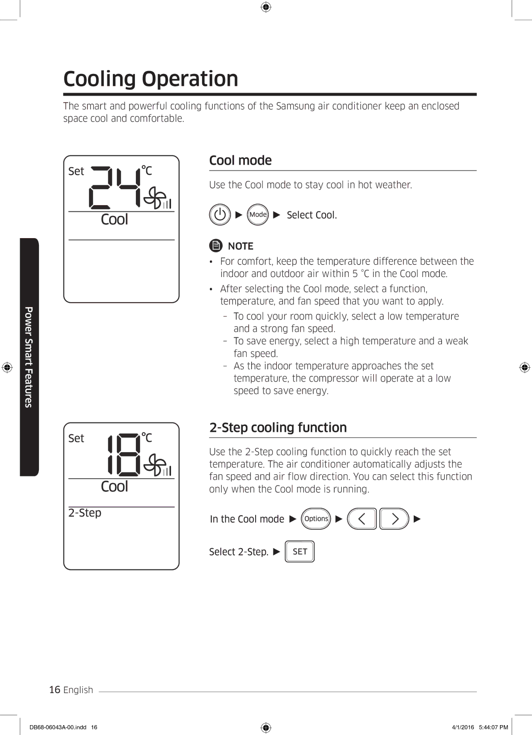 Samsung AR24HSFSEWKNMG manual Cooling Operation, Cool mode, Step cooling function 