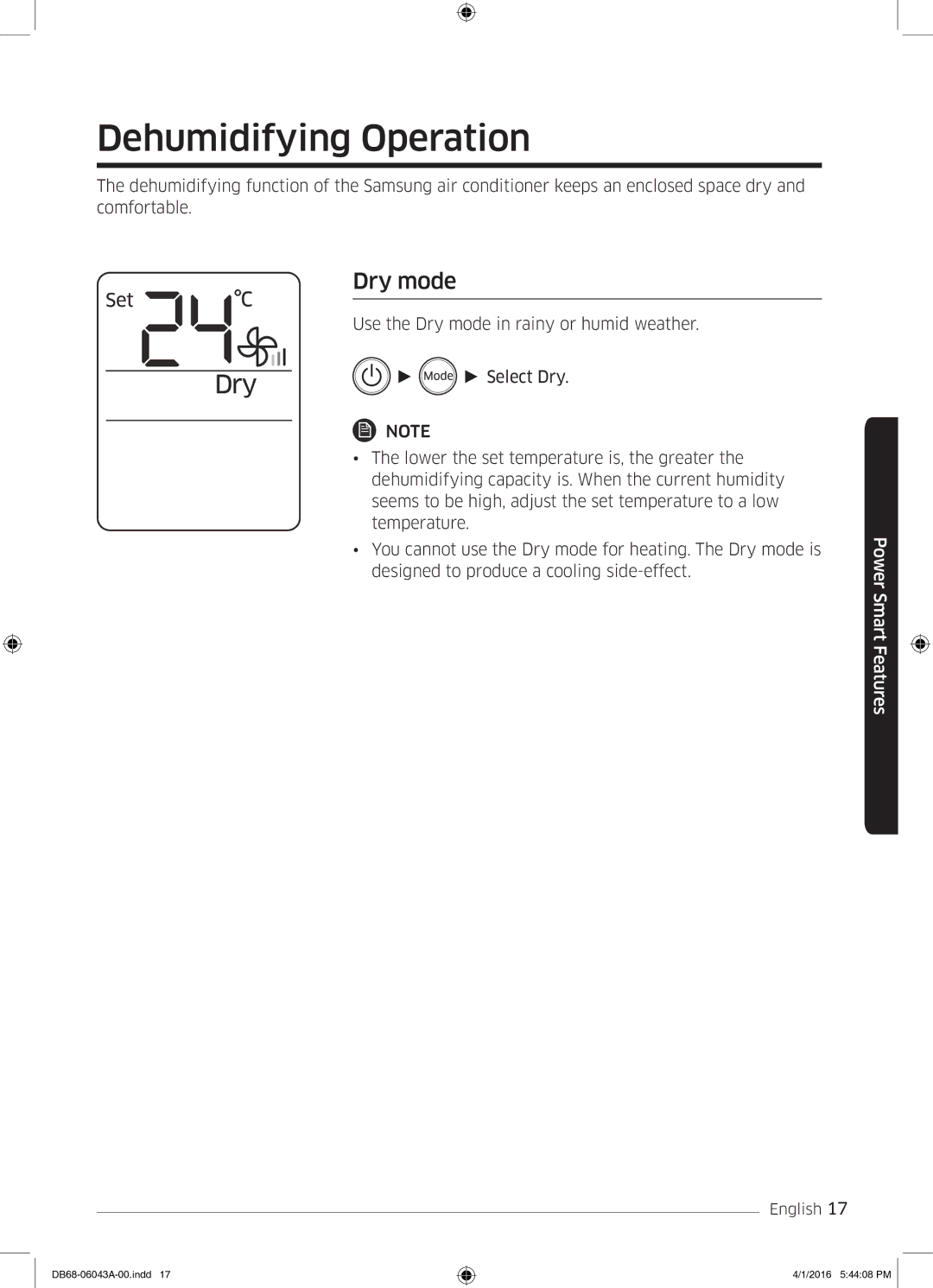 Samsung AR24HSFSEWKNMG manual Dehumidifying Operation, Dry mode 