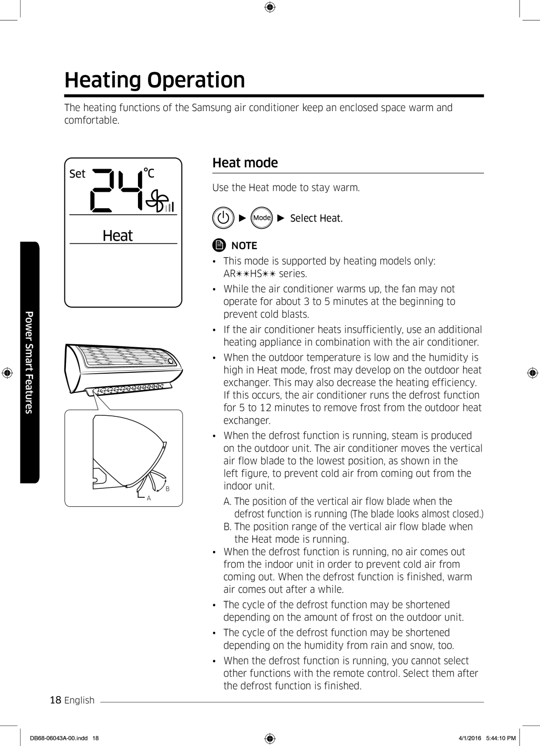 Samsung AR24HSFSEWKNMG manual Heating Operation, Heat mode 