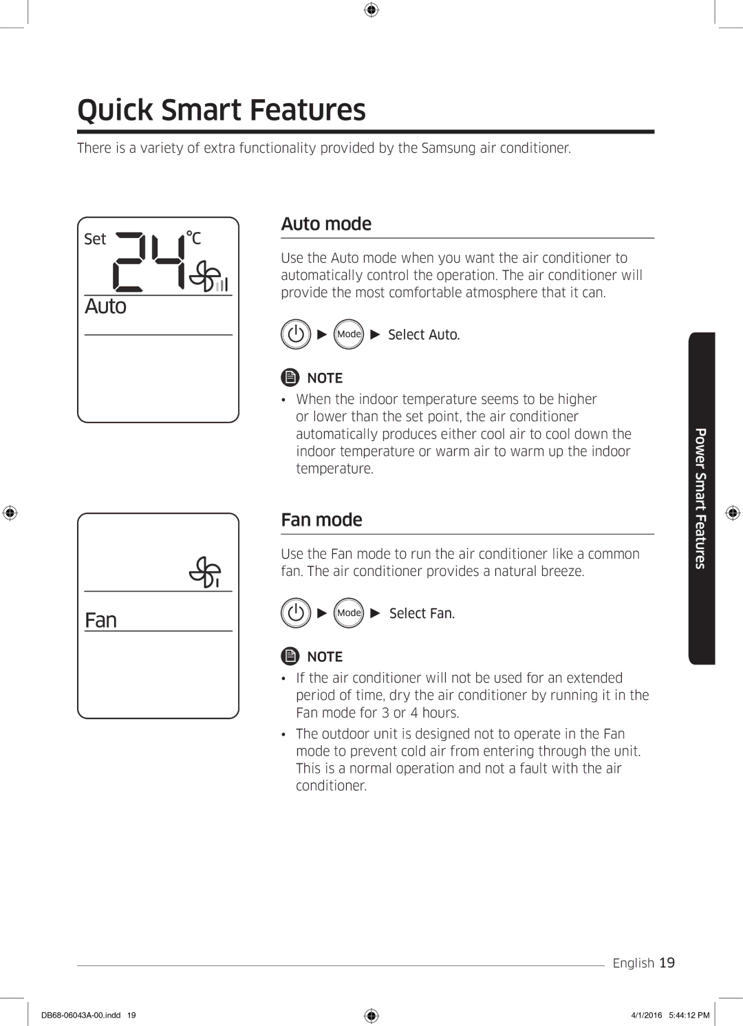 Samsung AR24HSFSEWKNMG manual Quick Smart Features, Auto mode, Fan mode 