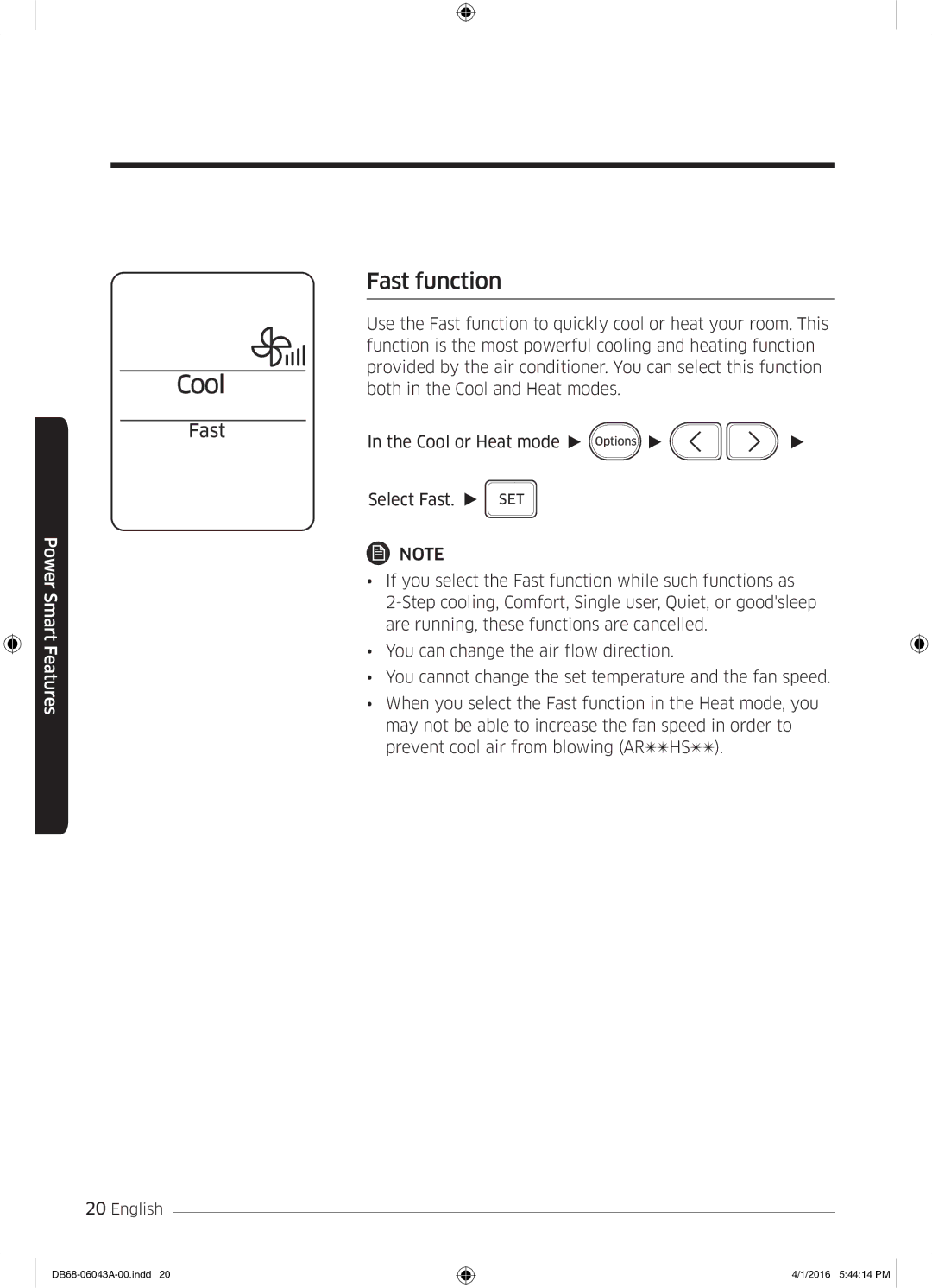 Samsung AR24HSFSEWKNMG manual Fast function 