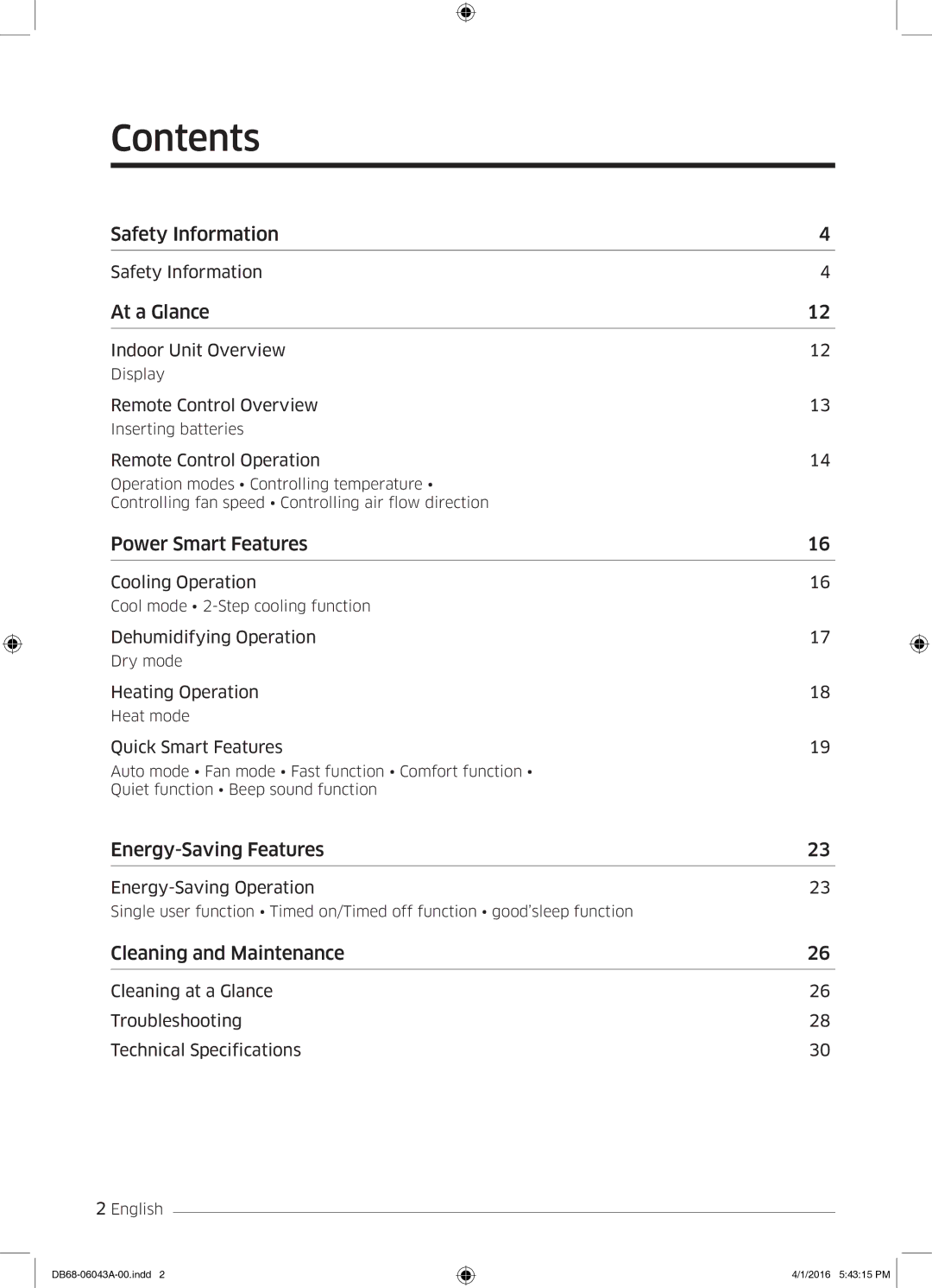 Samsung AR24HSFSEWKNMG manual Contents 