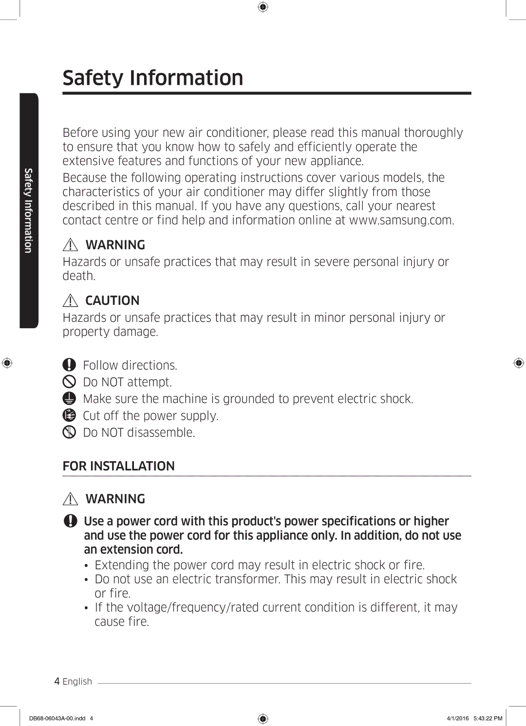 Samsung AR24HSFSEWKNMG manual Safety Information, For Installation 