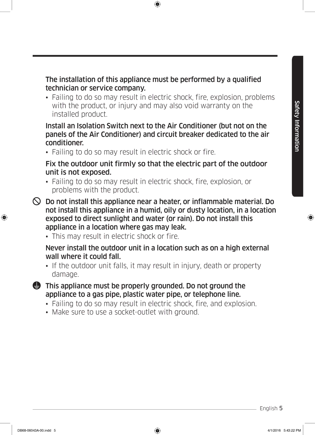 Samsung AR24HSFSEWKNMG manual Safety Information 