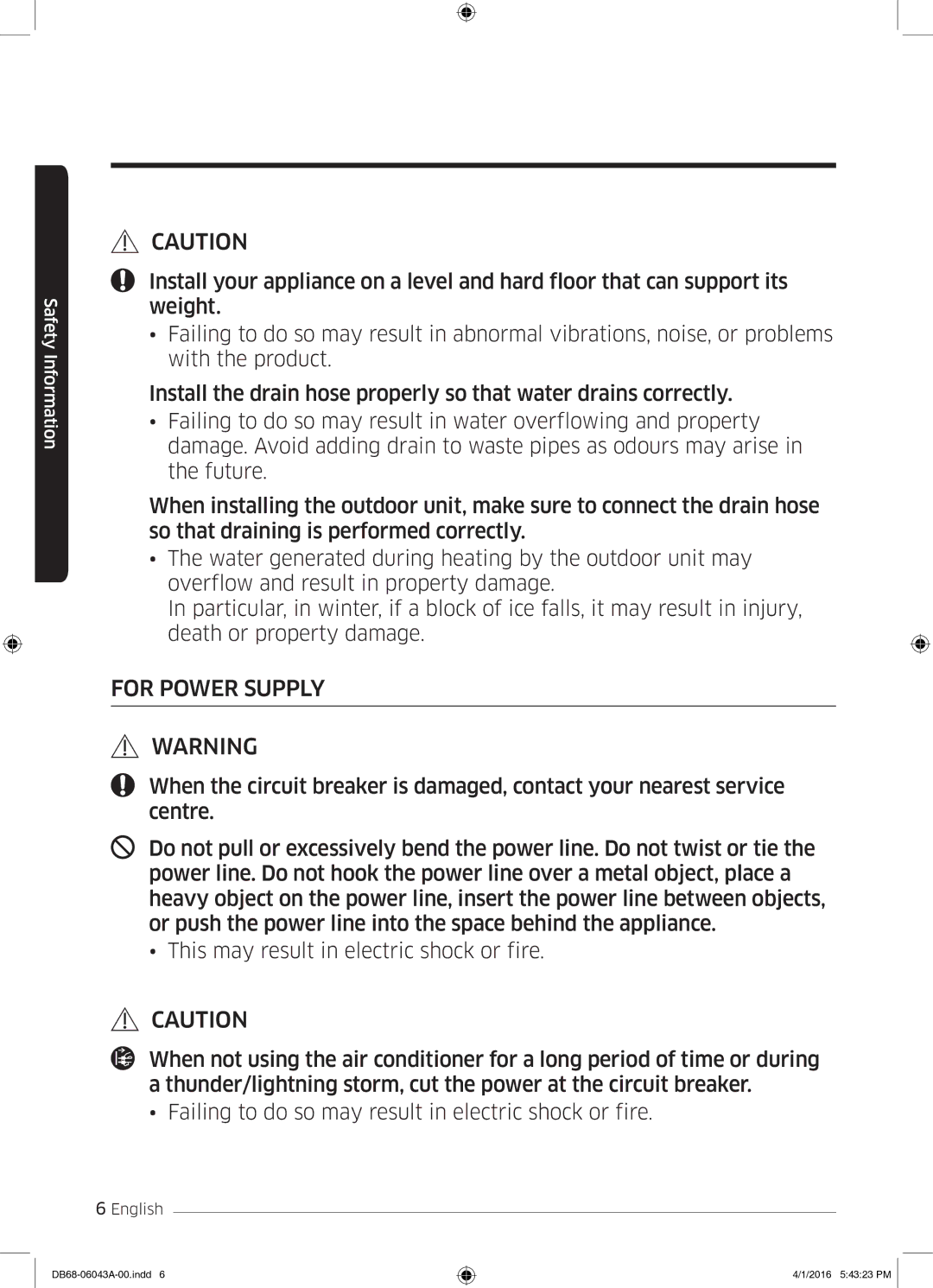 Samsung AR24HSFSEWKNMG manual For Power Supply 