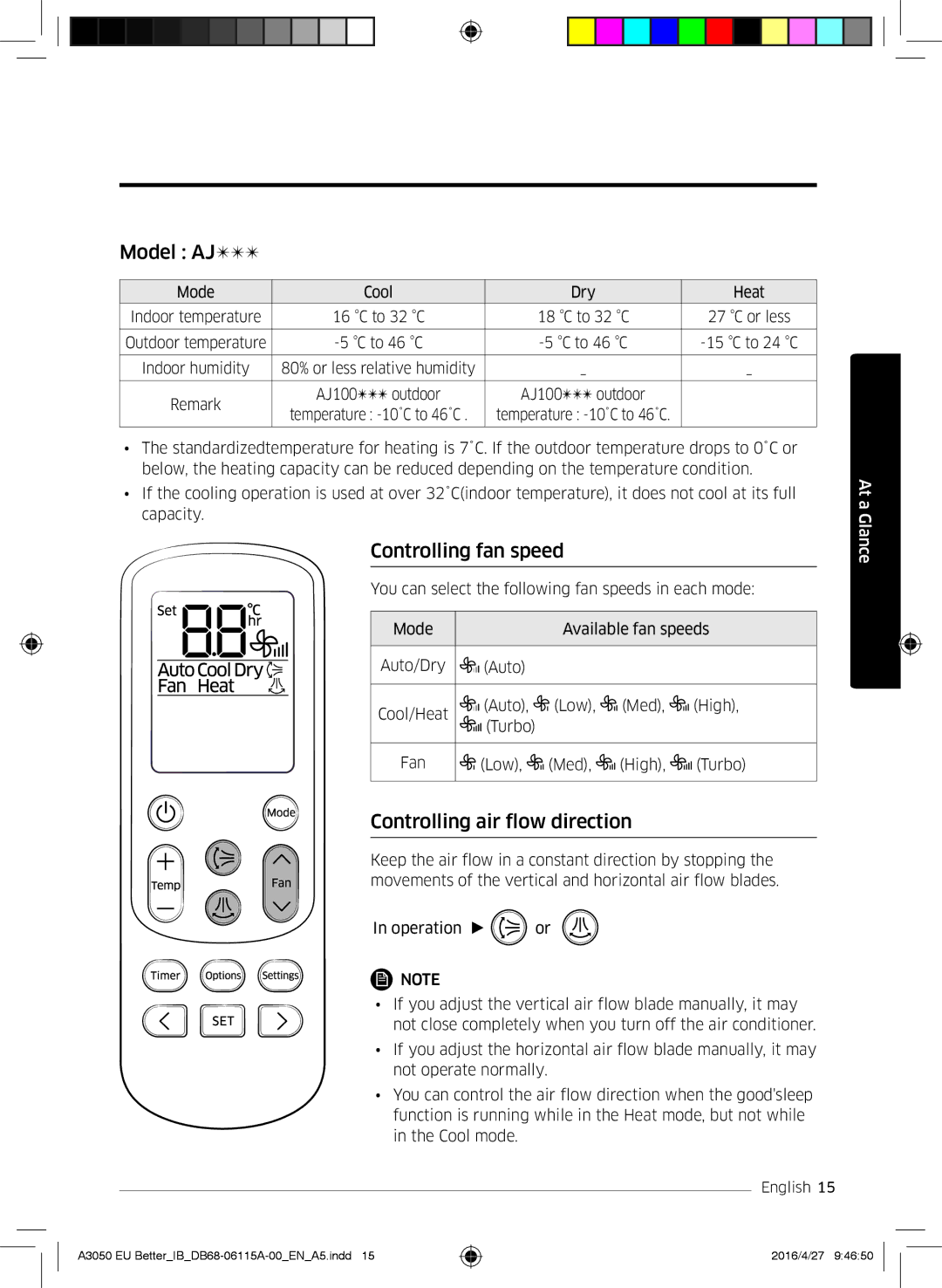 Samsung AR07HSSDBWKNEU, AR24HSSDBWKNEU, AR12HSSDBWKNEU Model AJ, Controlling fan speed, Controlling air flow direction 