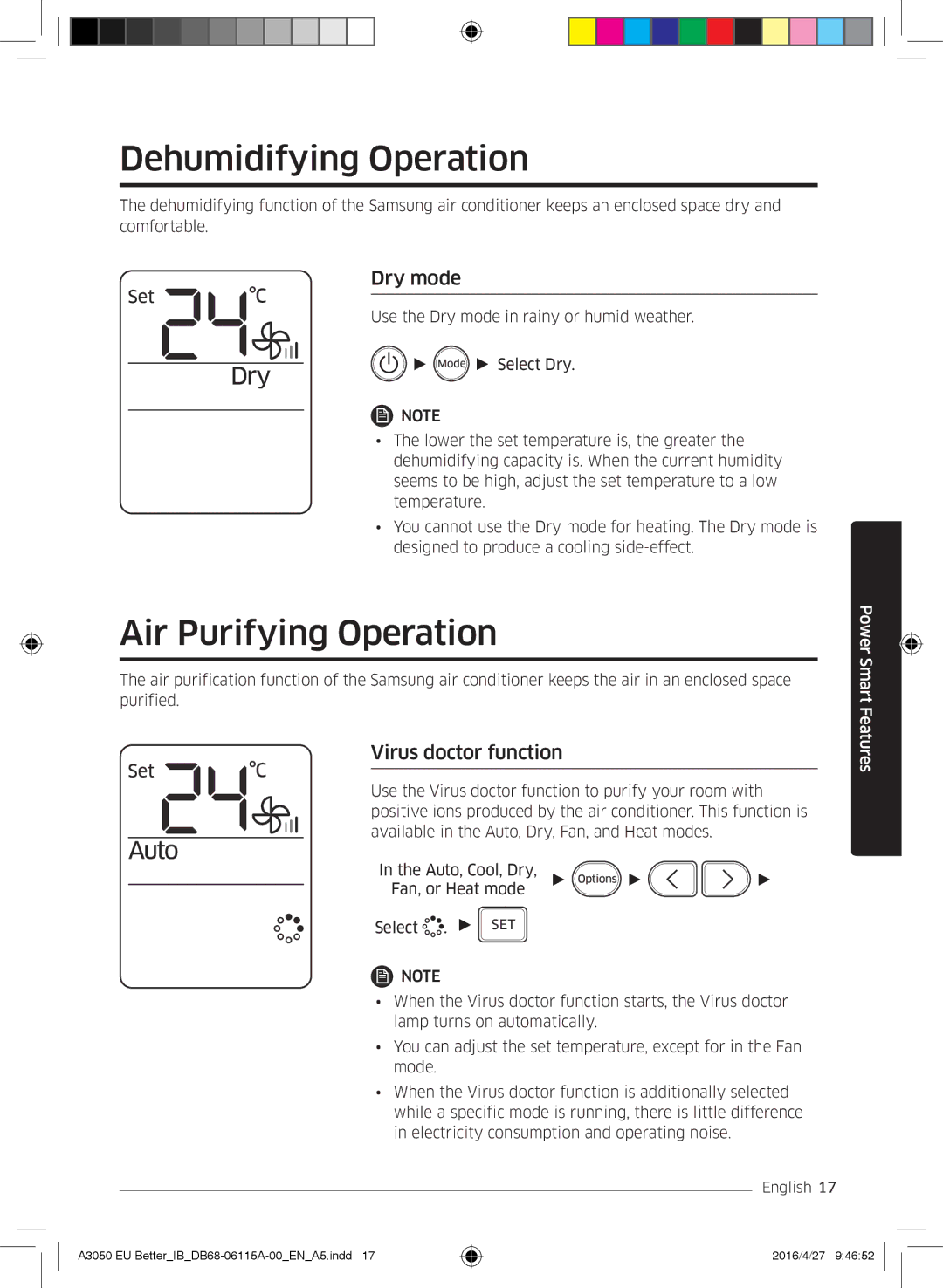 Samsung AR09HSSDBWKNEU, AR24HSSDBWKNEU Dehumidifying Operation, Air Purifying Operation, Dry mode, Virus doctor function 