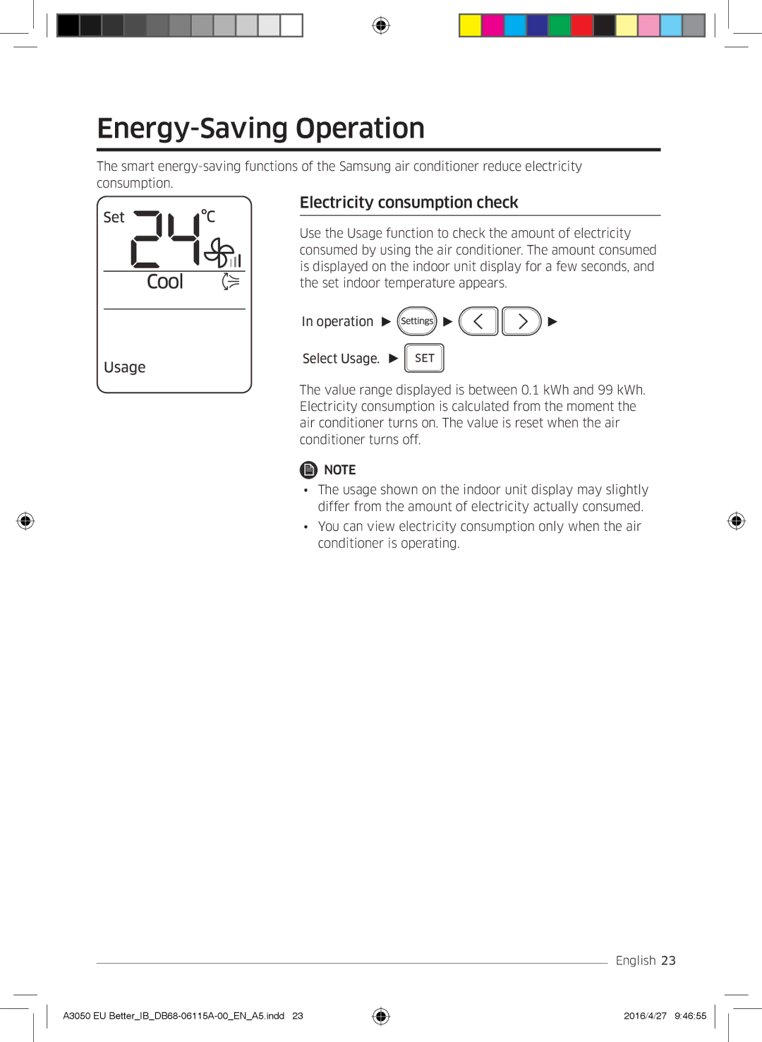 Samsung AR18HSSDBWKNEU, AR24HSSDBWKNEU, AR12HSSDBWKNEU manual Energy-Saving Operation, Electricity consumption check 