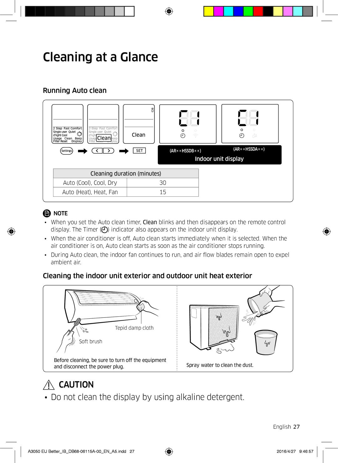 Samsung AR24HSSDBWKNEU, AR12HSSDBWKNEU, AR07HSSDBWKNEU, AR18HSSDBWKNEU manual Cleaning at a Glance, Running Auto clean 