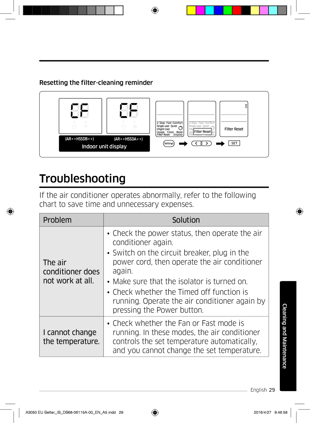 Samsung AR07HSSDBWKNEU, AR24HSSDBWKNEU, AR12HSSDBWKNEU manual Troubleshooting, Resetting the filter-cleaning reminder 