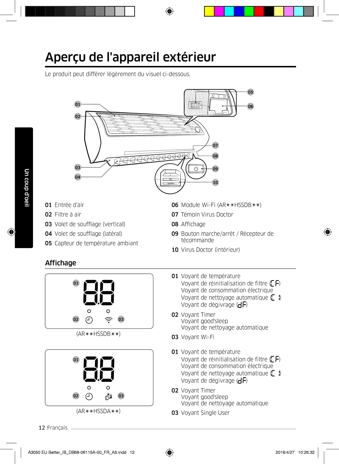 Samsung AR18HSSDBWKNEU, AR24HSSDBWKNEU, AR12HSSDBWKNEU, AR07HSSDBWKNEU manual Aperçu de lappareil extérieur, Affichage 