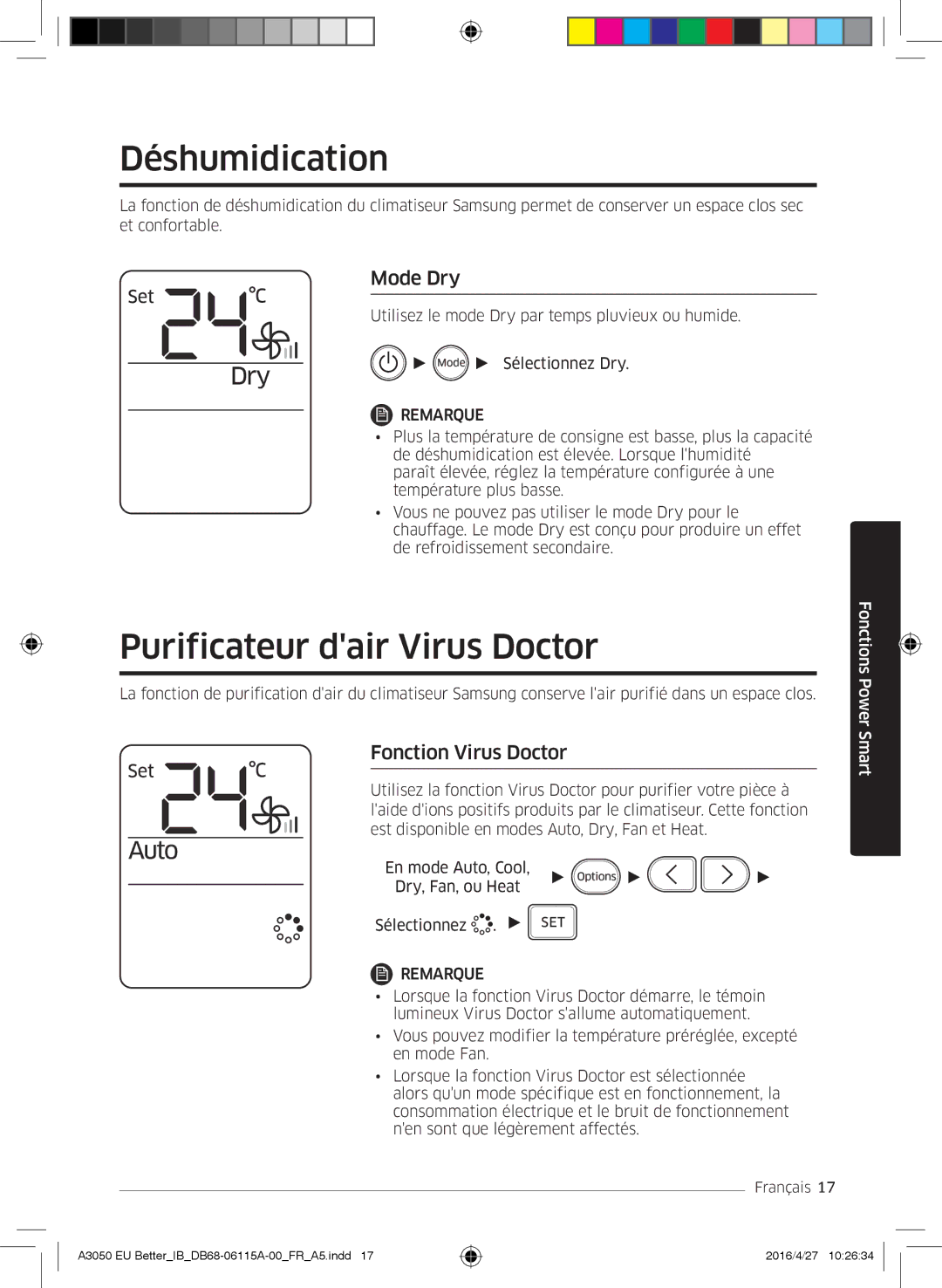 Samsung AR18HSSDBWKNEU, AR24HSSDBWKNEU Déshumidication, Purificateur dair Virus Doctor, Mode Dry, Fonction Virus Doctor 