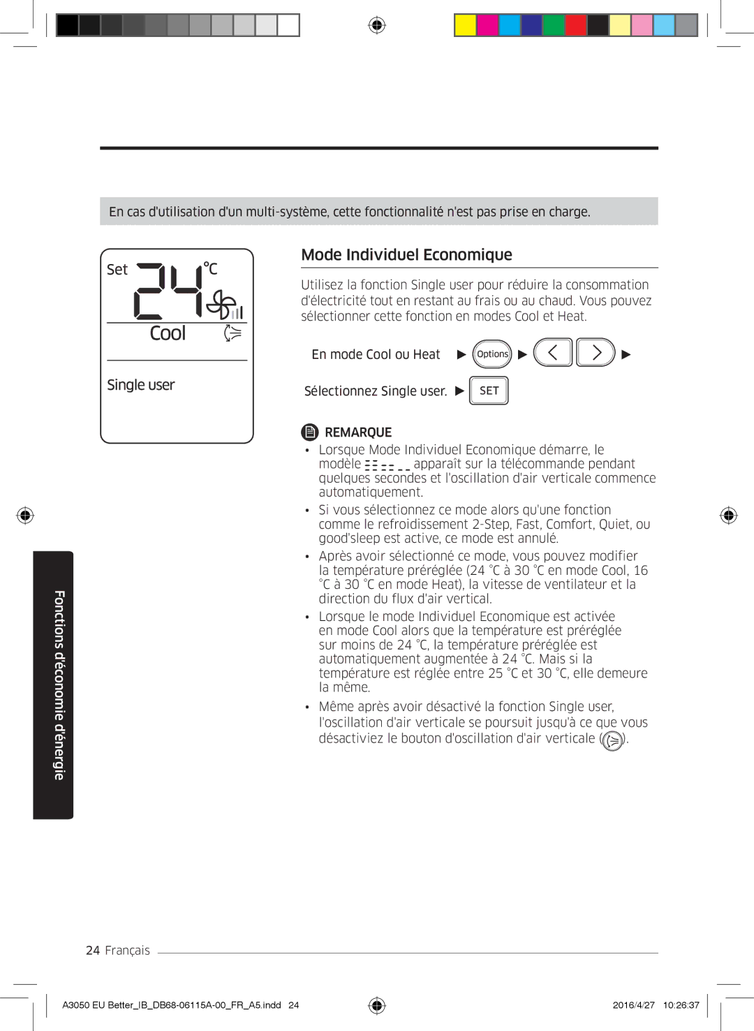 Samsung AR24HSSDBWKNEU, AR12HSSDBWKNEU, AR07HSSDBWKNEU, AR18HSSDBWKNEU, AR09HSSDBWKNEU manual Mode Individuel Economique 