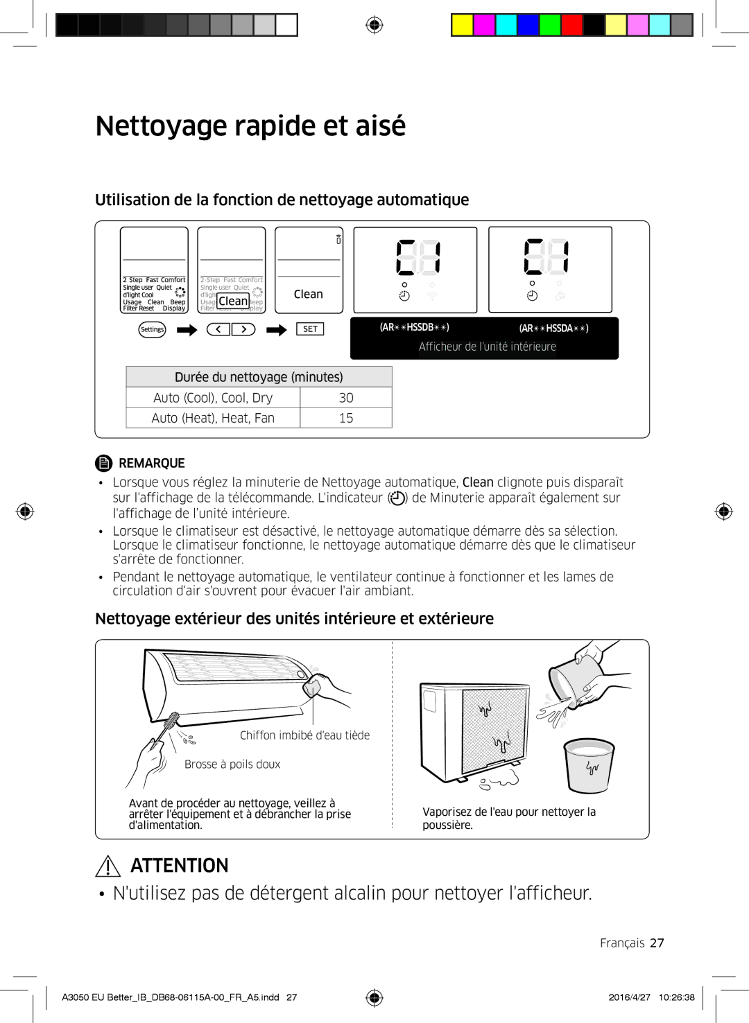 Samsung AR18HSSDBWKNEU, AR24HSSDBWKNEU manual Nettoyage rapide et aisé, Utilisation de la fonction de nettoyage automatique 