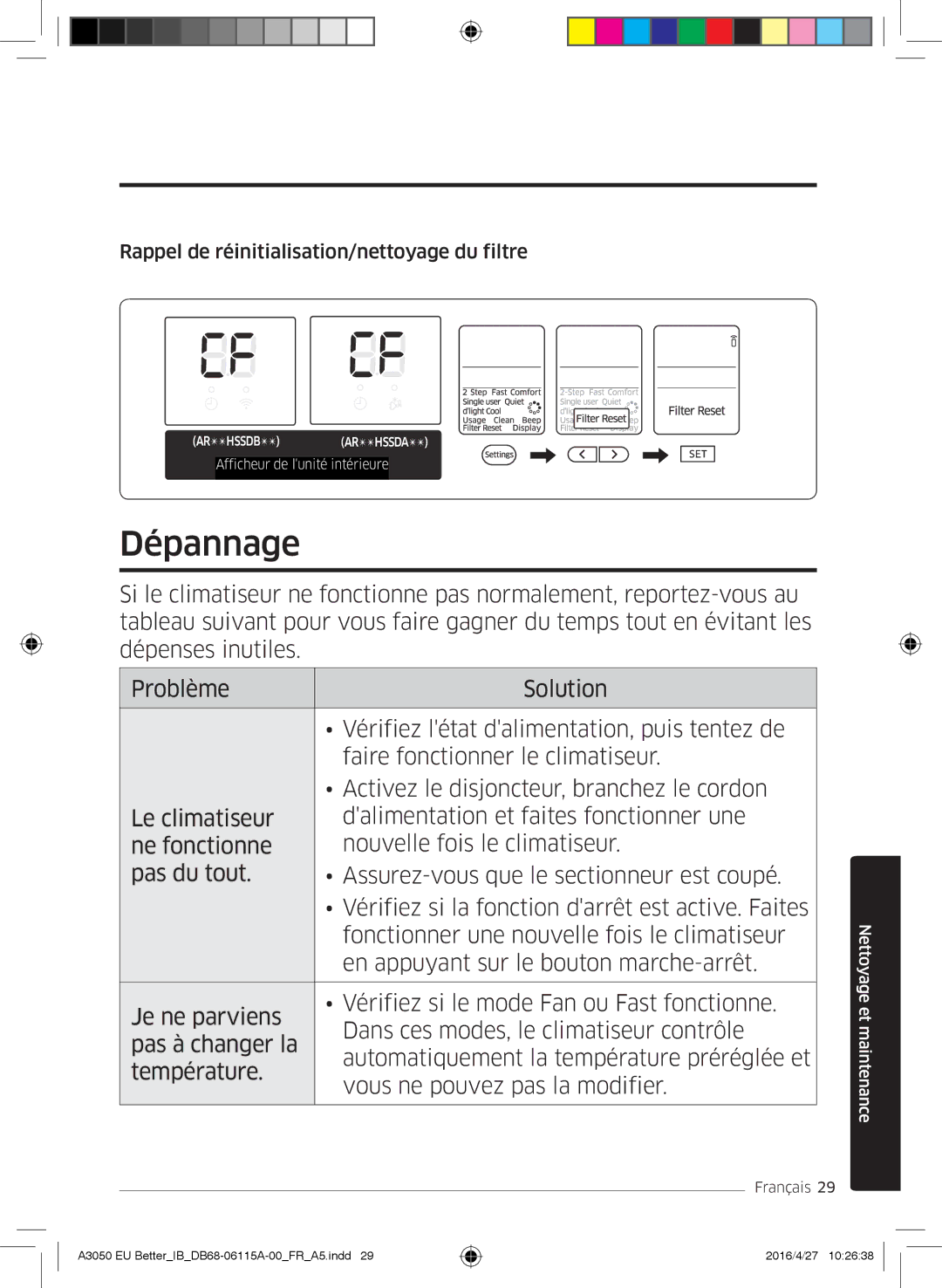 Samsung AR24HSSDBWKNEU, AR12HSSDBWKNEU, AR07HSSDBWKNEU manual Dépannage, Rappel de réinitialisation/nettoyage du filtre 