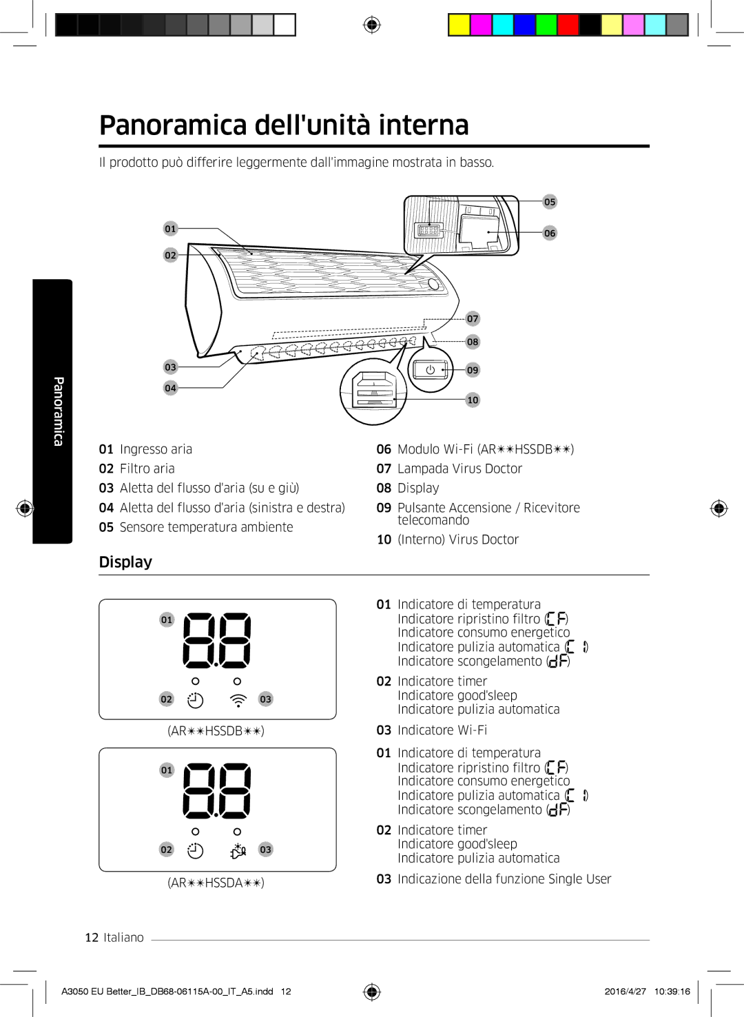 Samsung AR12HSSDAWKNEU, AR24HSSDBWKNEU, AR12HSSDBWKNEU, AR07HSSDBWKNEU, AR18HSSDBWKNEU Panoramica dellunità interna, Display 