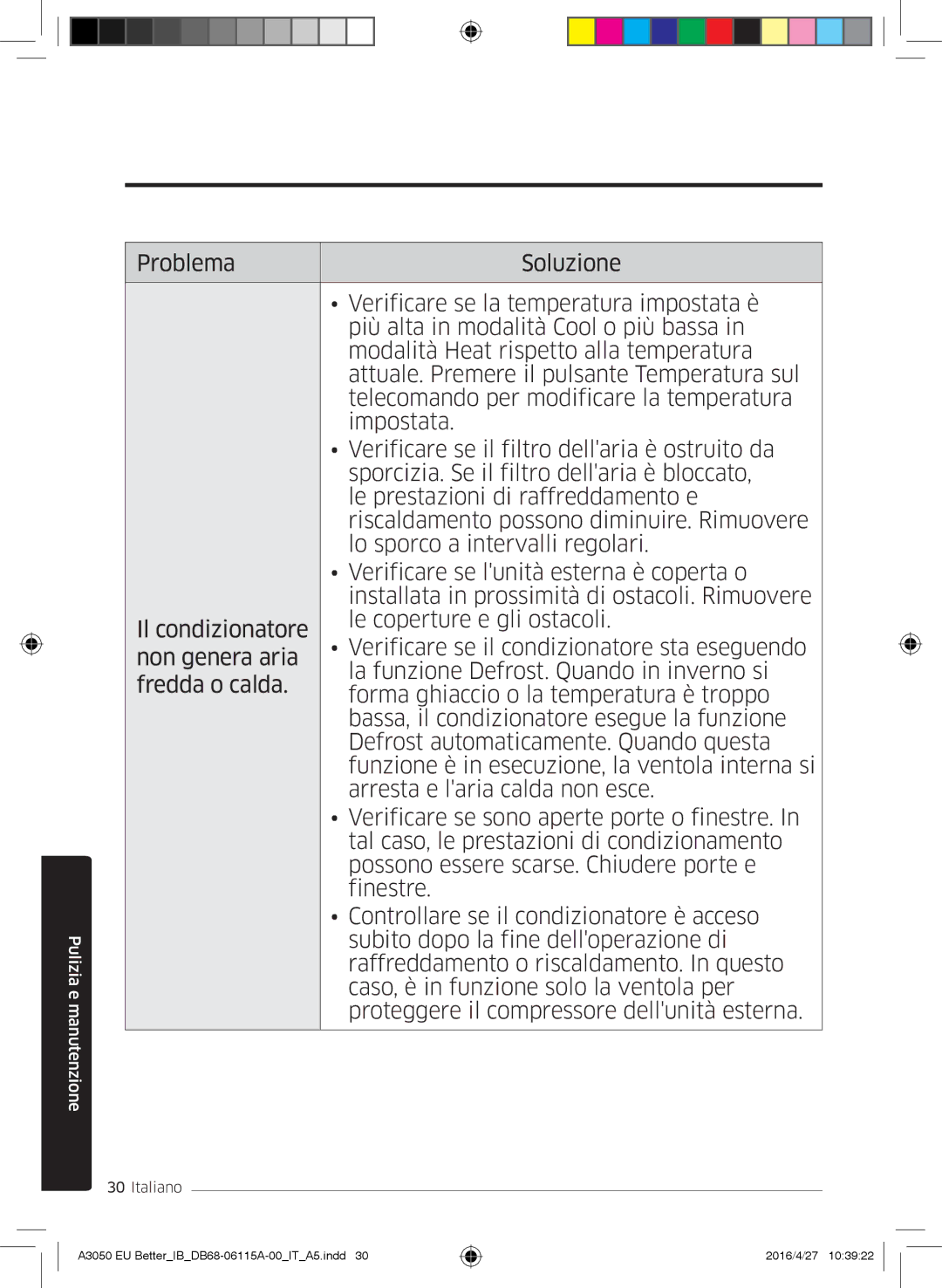 Samsung AR18HSSDBWKNEU, AR24HSSDBWKNEU, AR12HSSDBWKNEU, AR07HSSDBWKNEU, AR09HSSDBWKNEU, AR09HSSDAWKNEU Pulizia e manutenzione 