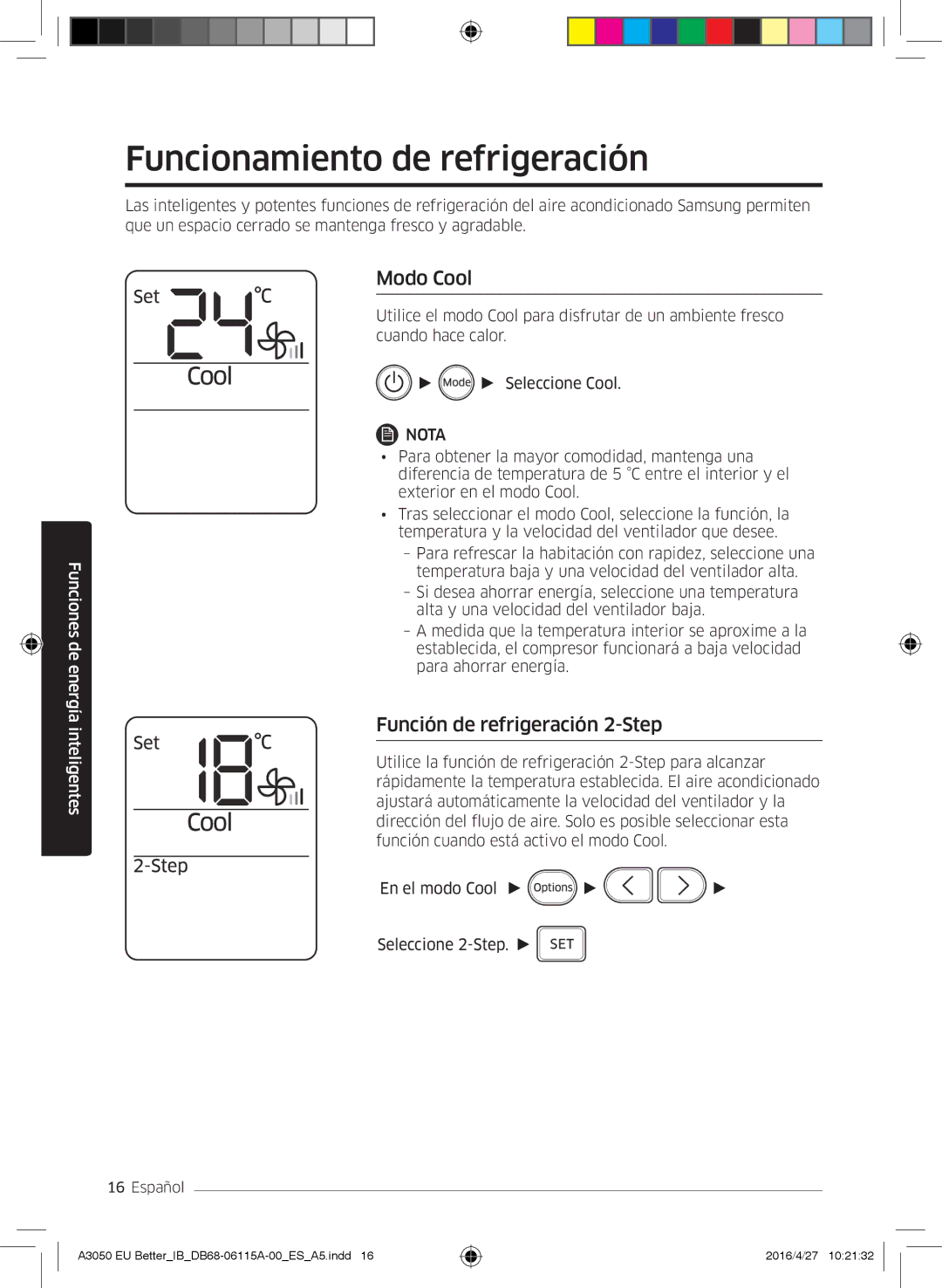 Samsung AR18HSSDBWKNEU, AR24HSSDBWKNEU manual Funcionamiento de refrigeración, Modo Cool, Función de refrigeración 2-Step 