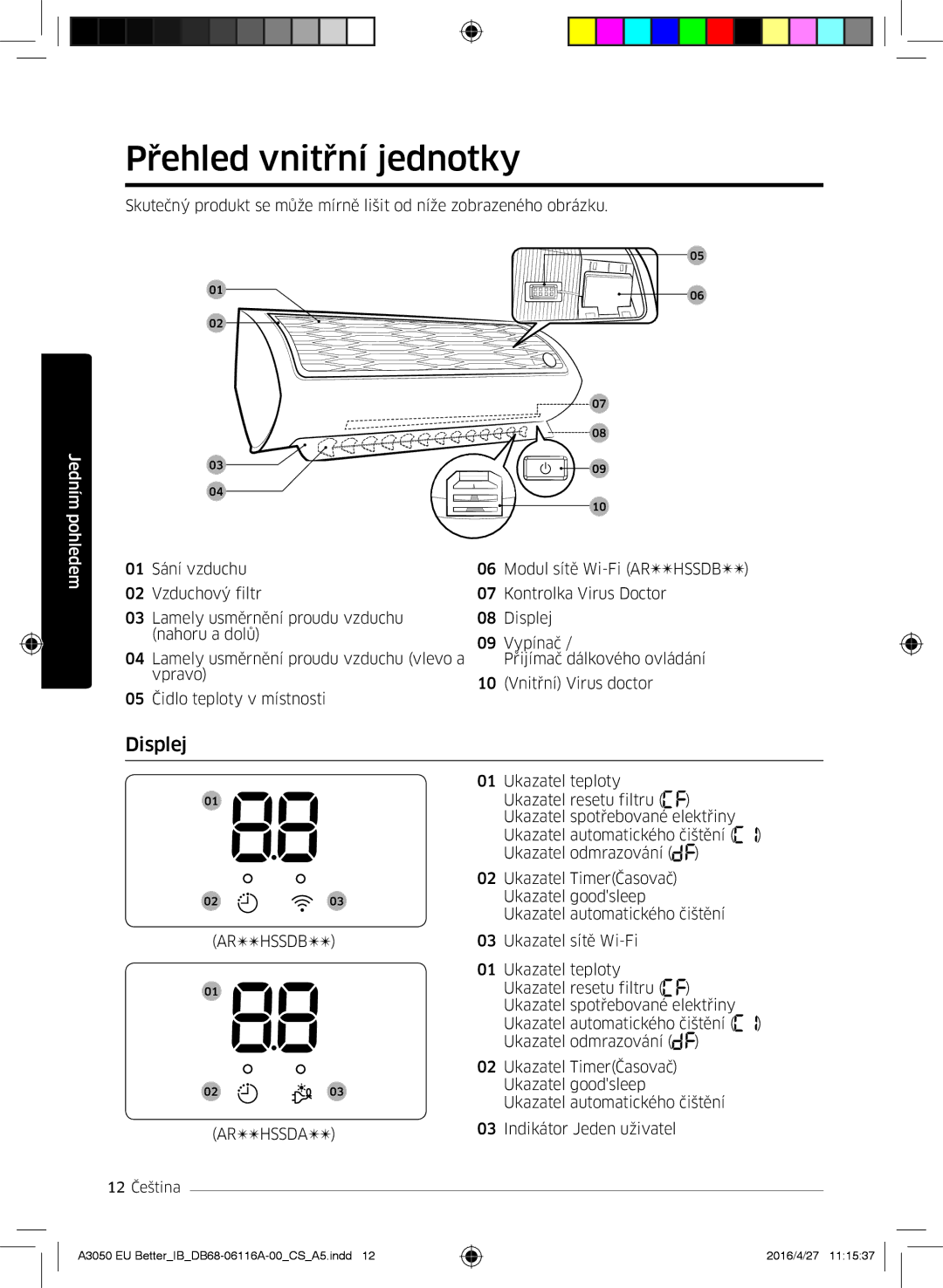 Samsung AR12HSSDAWKNEU, AR24HSSDBWKNEU, AR12HSSDBWKNEU, AR07HSSDBWKNEU, AR18HSSDBWKNEU manual Přehled vnitřní jednotky, Displej 