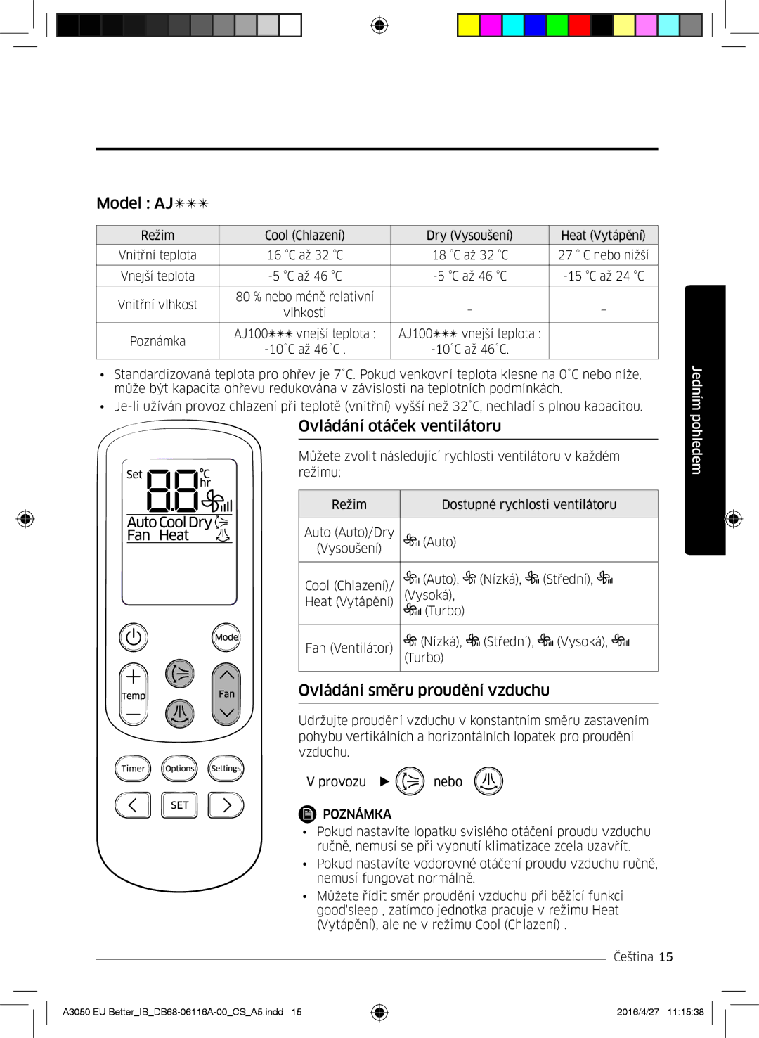 Samsung AR07HSSDBWKNEU, AR24HSSDBWKNEU manual Model AJ, Ovládání otáček ventilátoru, Ovládání směru proudění vzduchu 