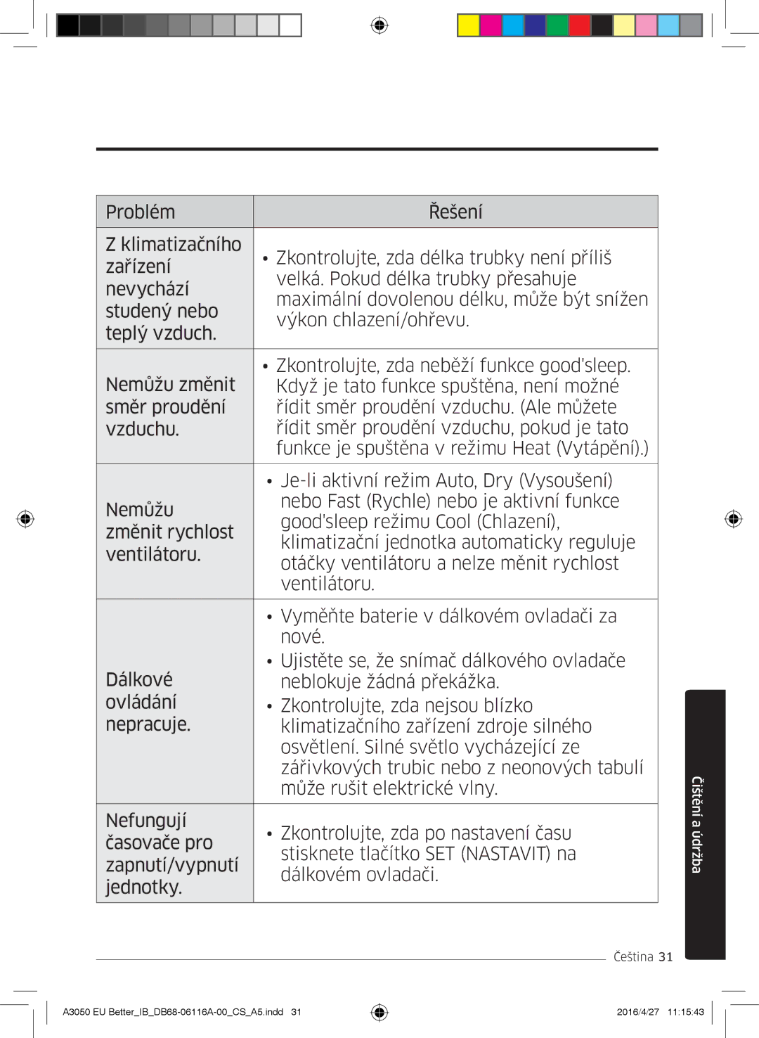 Samsung AR09HSSDBWKNEU, AR24HSSDBWKNEU, AR12HSSDBWKNEU, AR07HSSDBWKNEU, AR18HSSDBWKNEU, AR09HSSDAWKNEU manual Čištění a údržba 