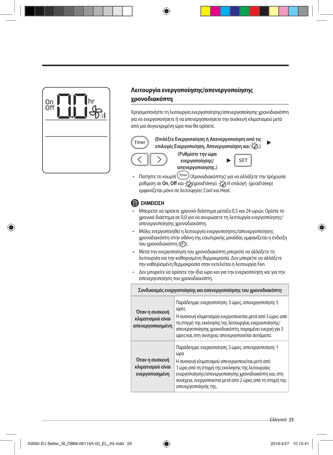 Samsung AR09HSSDAWKNEU, AR24HSSDBWKNEU manual Απενεργοποίησης, Λειτουργία ενεργοποίησης/απενεργοποίησης χρονοδιακόπτη 