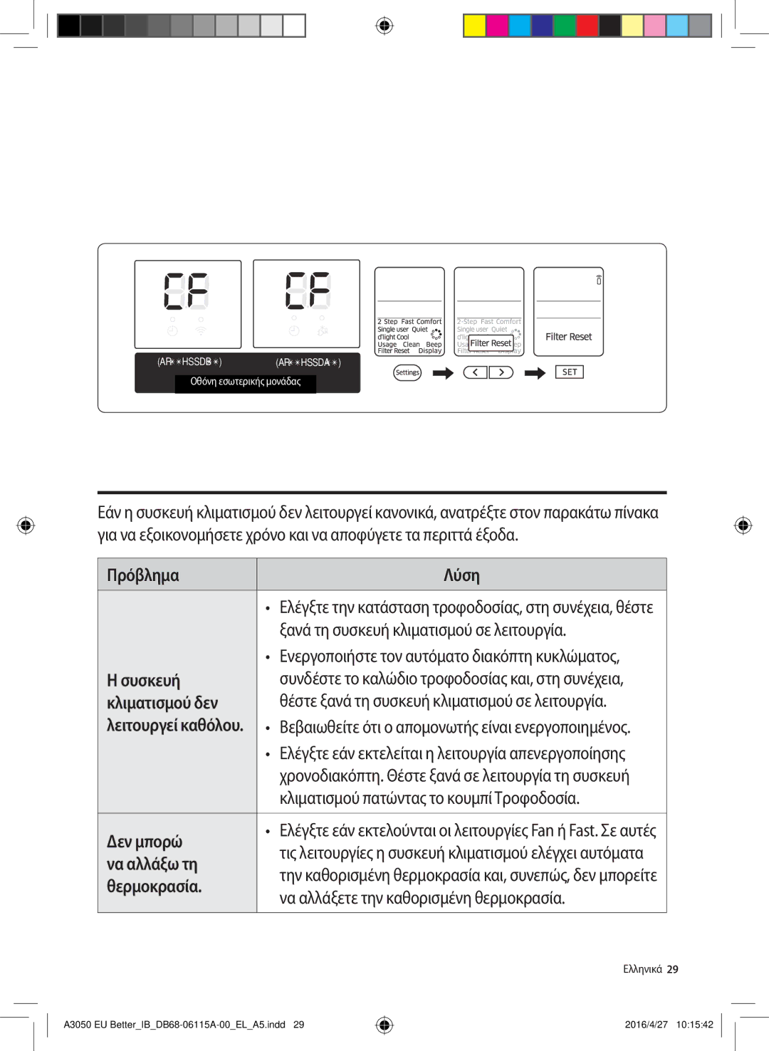 Samsung AR09HSSDAWKNEU, AR24HSSDBWKNEU, AR18HSSDBWKNEU, AR12HSSDAWKNEU manual Αντιμετώπιση προβλημάτων 