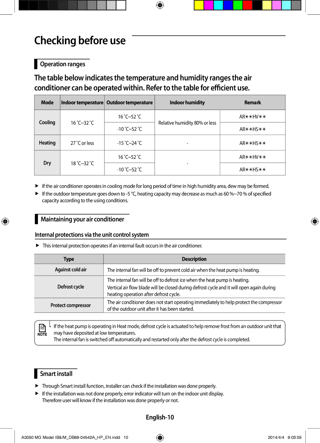 Samsung AR18HSFSEWKNMG, AR24HVFSEWKNMG, AR18HVFSEWKNMG manual Checking before use, Operation ranges, English-10 